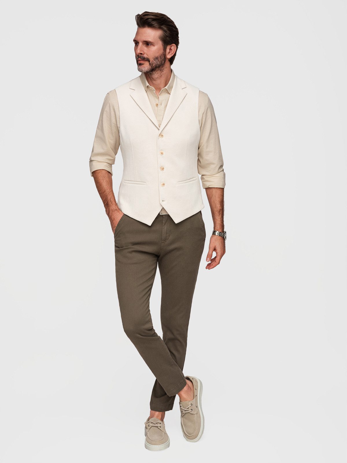 OMBRE Anzugweste Herren Weste Slim Fit Elegant Beige L (kein Set, 1-tlg) Slim Fit Passform, marmorierte Knöpfe, verstellbarer Rücken
