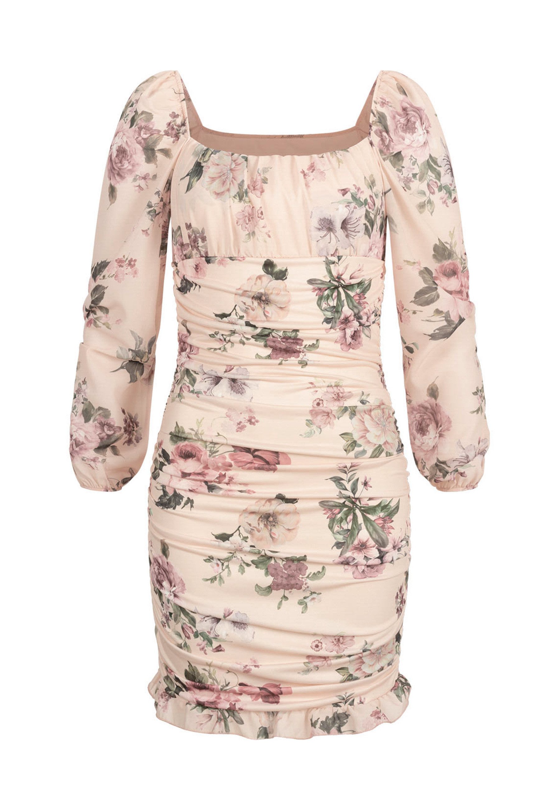 CLOUD 5IVE Shirtkleid CLOUD 5IVE Rüschen Kleid mit Blumenprint & Raffung (1-tlg)