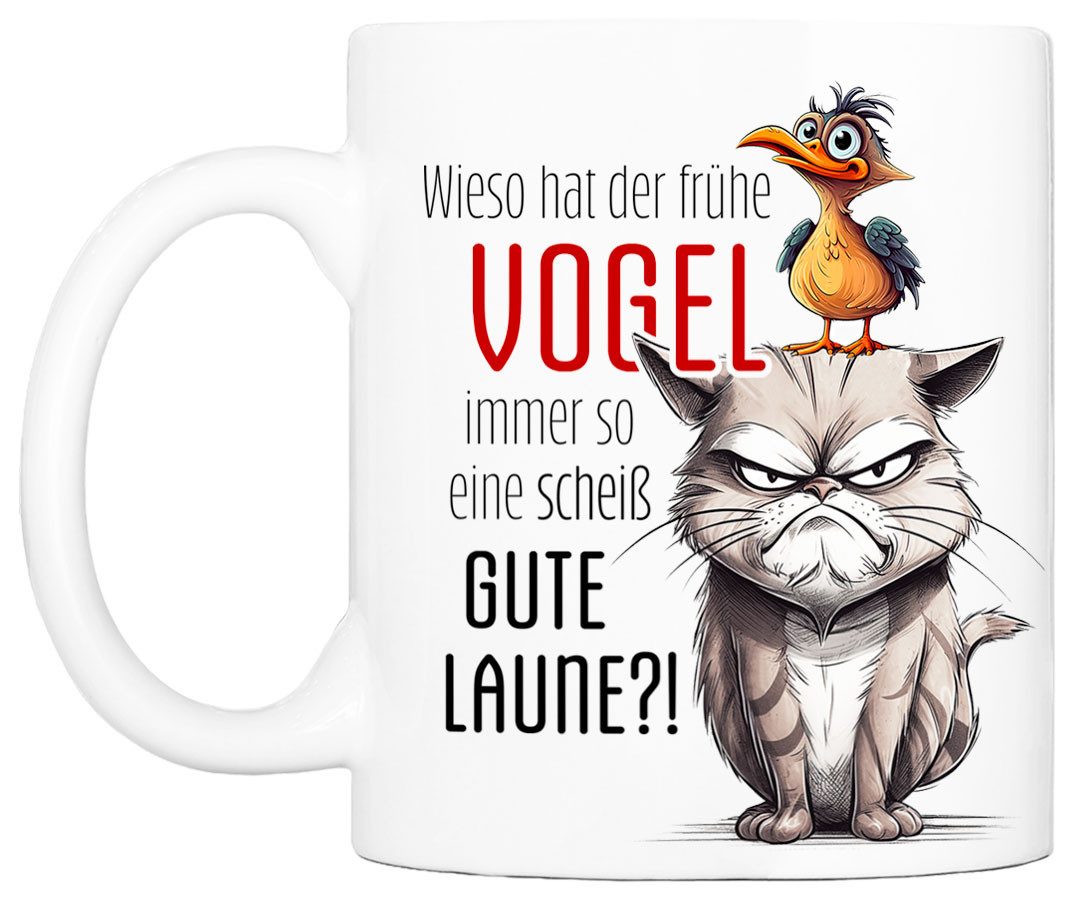 Cadouri Tasse mit Spruch DER FRÜHE VOGEL Kaffeetasse Büro Arbeit, Geschenk, Keramik, Kaffeebecher, Geschenkidee Arbeitskollege, lustig, Humor, 330 ml