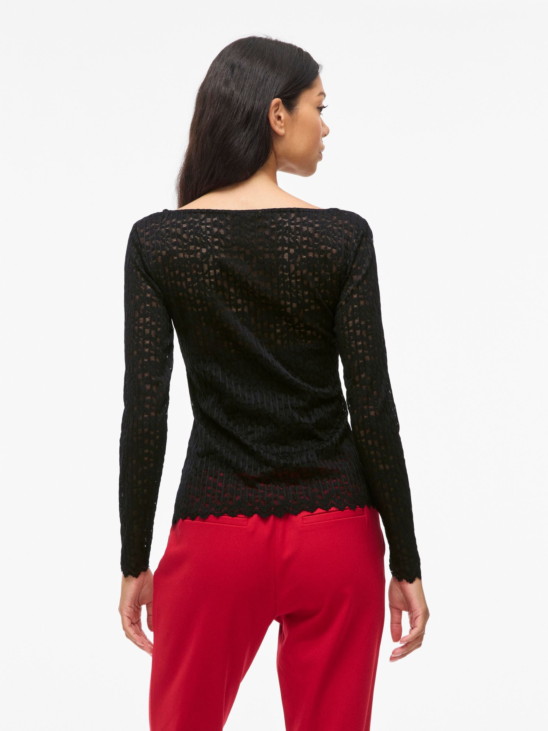 Vila Blusenshirt Spitzenmuster, Lange Ärmel, Elegante Optik für Damen (1-tlg) Recyceltes Material nachhaltig Normal Fit Rundhals Langarm