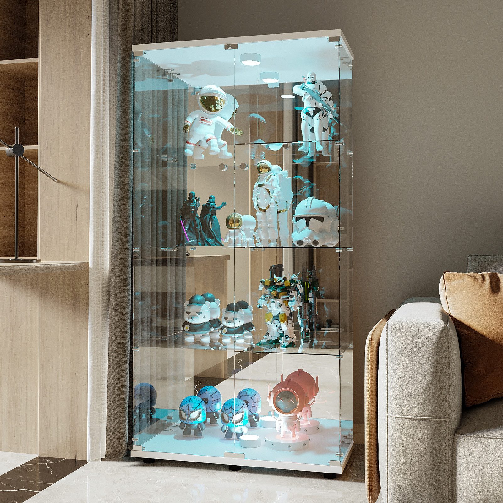 ADWOLT Glasvitrine Standvitrinen mit LED-Beleuchtung, 4-Lagen Vitrine (80.5 x 36.5 x 163.9cm, Rückwand aus gehärtetem Spiegelglas) Vitrinenschrank mit 2 Glastür für Sammler, Sammlervitrine