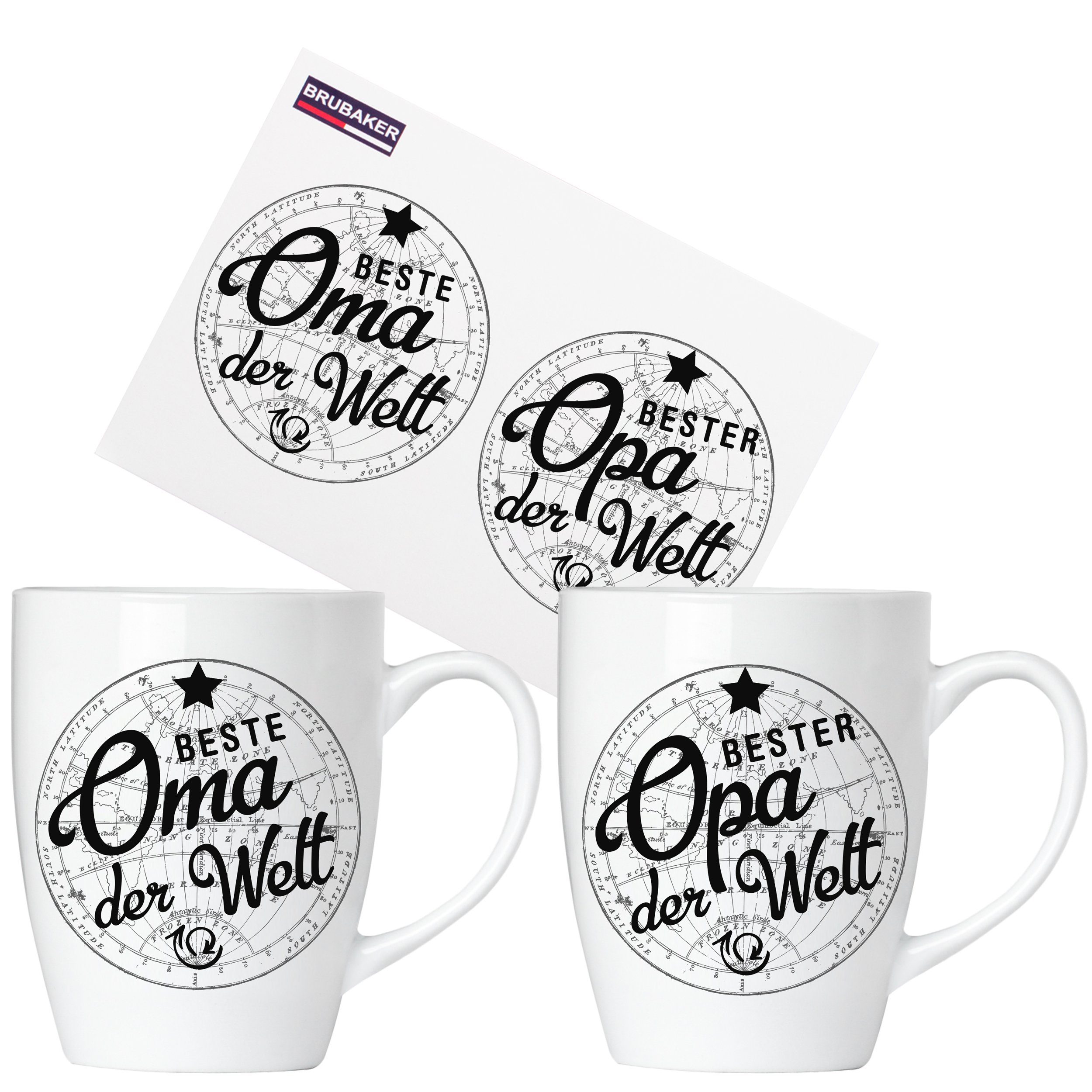 BRUBAKER Tasse 2er-Set Motivtassen "Beste Oma" und "Bester Opa", 4-tlg., Keramik, 2x Kaffeebecher in Geschenkpackung mit Grußkarte - für Großeltern