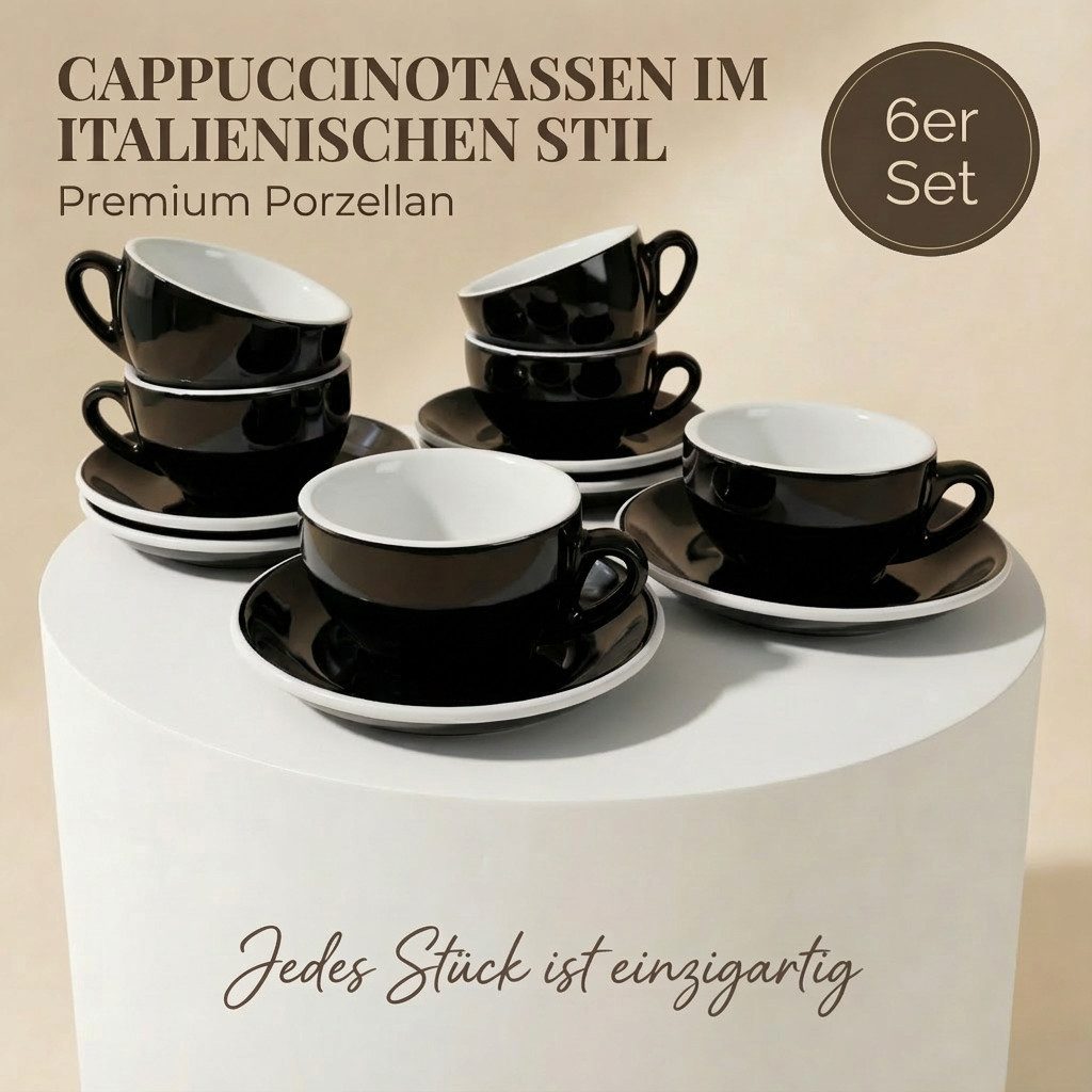 MUVELL Cappuccinotasse 6er Cappuccino-Set "Rimini" Tasse 200ml+Untertasse, schwarz, 6-tlg., Keramik, 200 ml Schwarz mit weißen Rand und Innenfläche