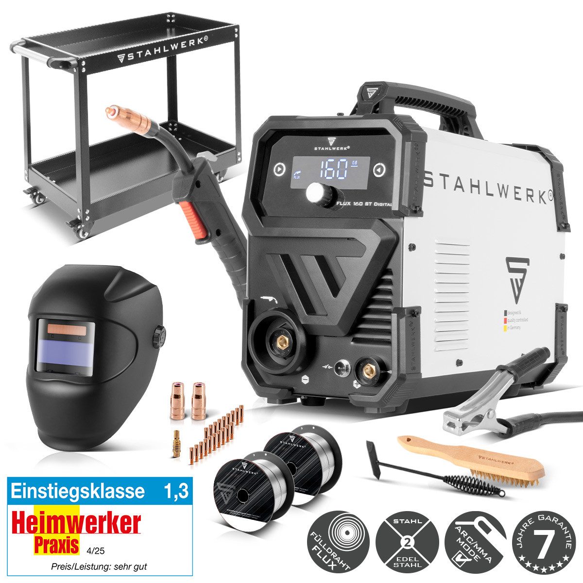 STAHLWERK Fülldrahtschweißgerät FLUX 160 ST Digital Vollausstattung Gerätewagen und Helm, 40 - 160 A, Packung, 1-tlg., Vollausstattung, synergischem Drahtvorschub