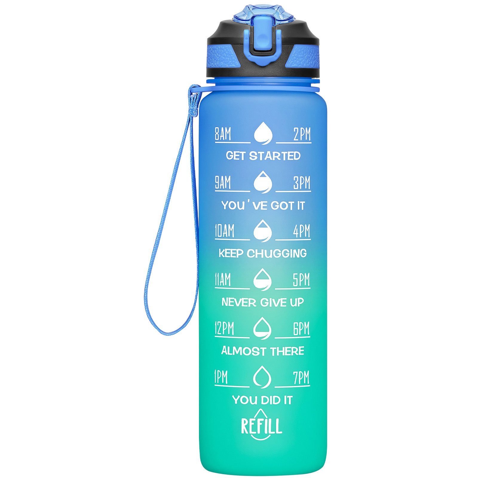 REDOM Trinkflasche Sport Wasserflasche Auslaufsicher Sportflasche 1 Liter BPA-Frei 1L, Zeitmarkierung und Strohhalm Fitness Outdoor Camping Fahrrad Wandern Blau/Grün | Trinkflaschen