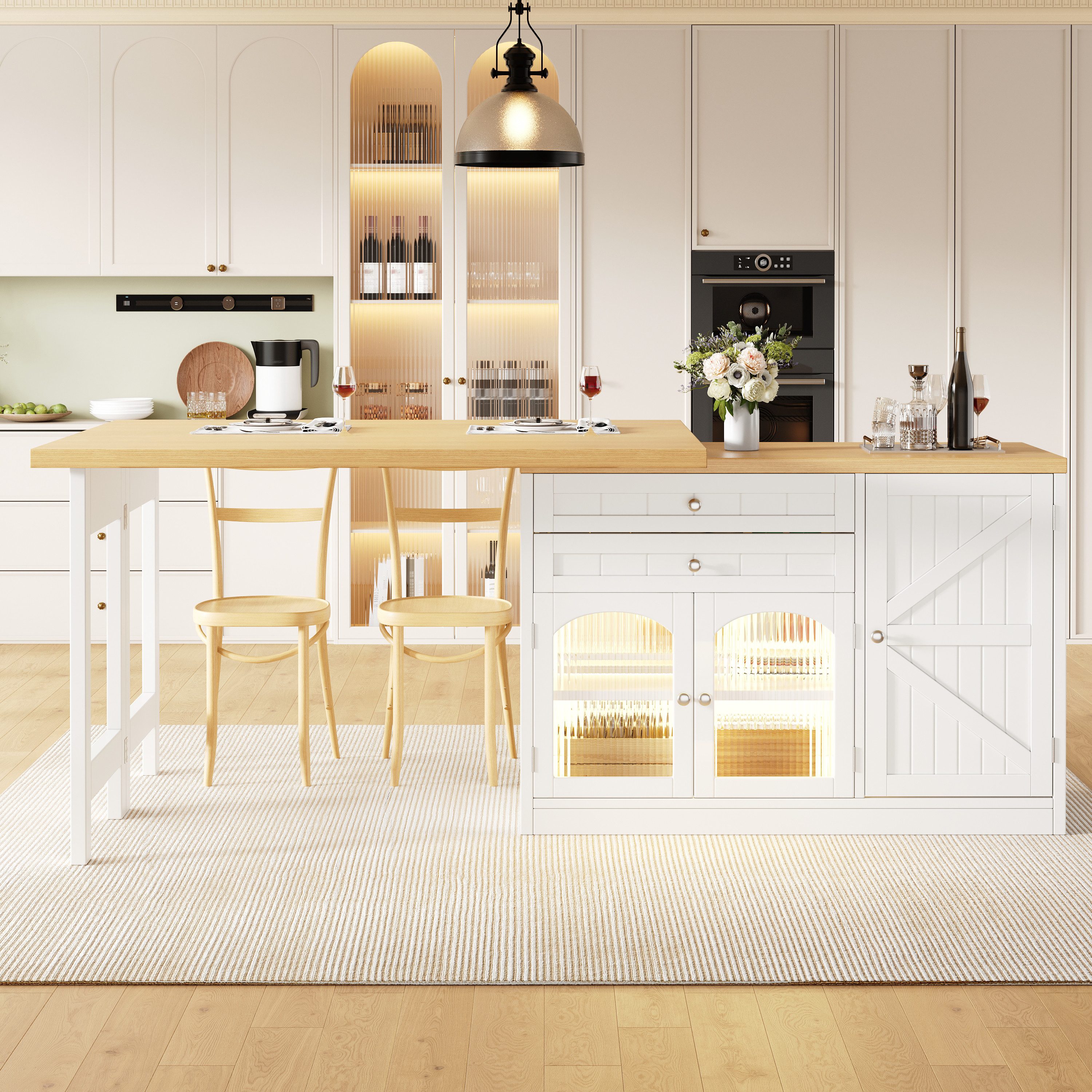 Flieks Kücheninsel Küchenschrank mit 360° drehbarer Esstisch, klappbarer Arbeitsplatte, (Holzoptik Tischplatte Tiefe 40-80cm, Längenverstellbar 120-194cm), ausziehbar Arbeitstisch&Mehrzweckschrank mit LED-Beleuchtung Weiß