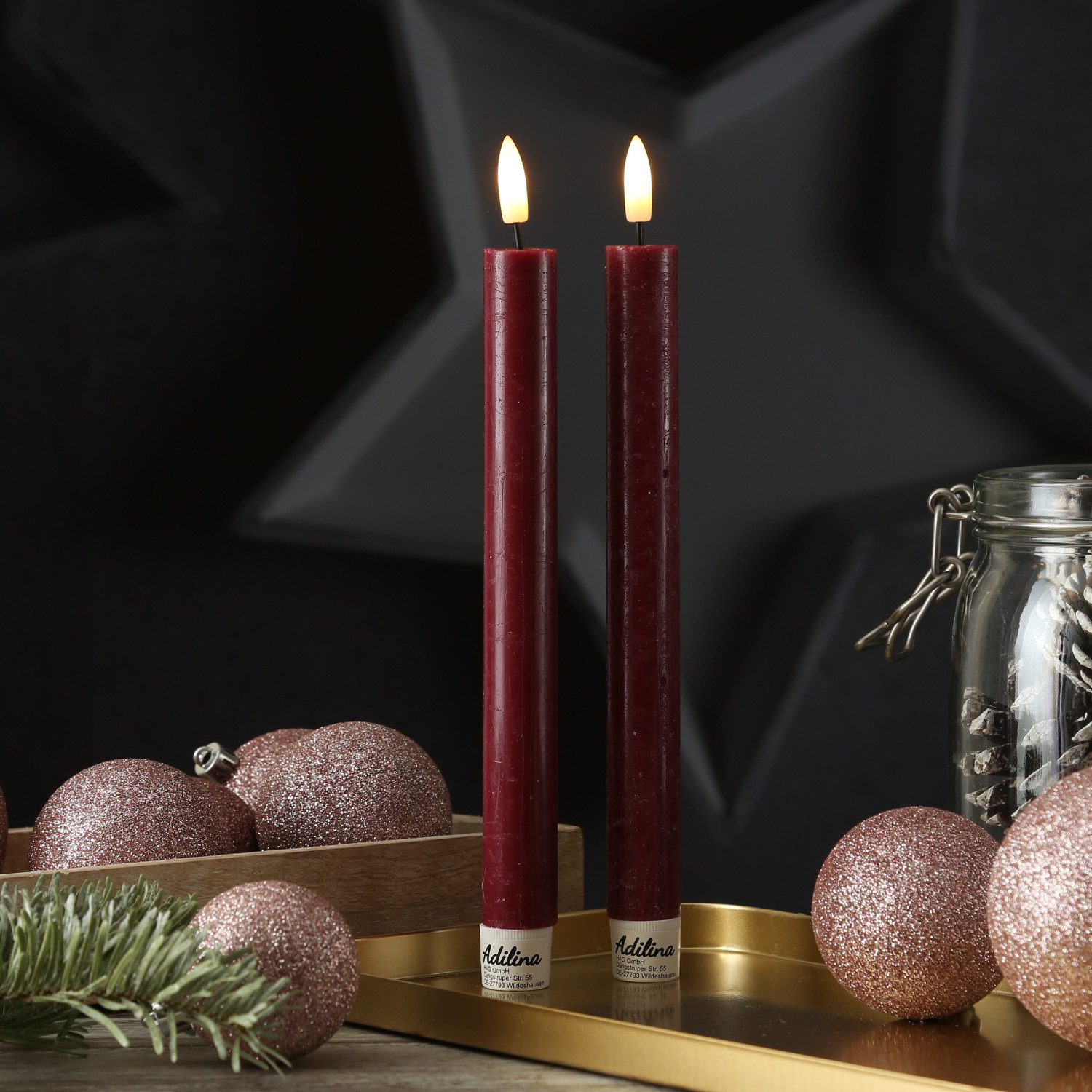 Adilina LED-Kerze LED Stabkerzen Tafelkerzen Dinner Spitzkerzen rustikal 24cm rot 2St (2-tlg)