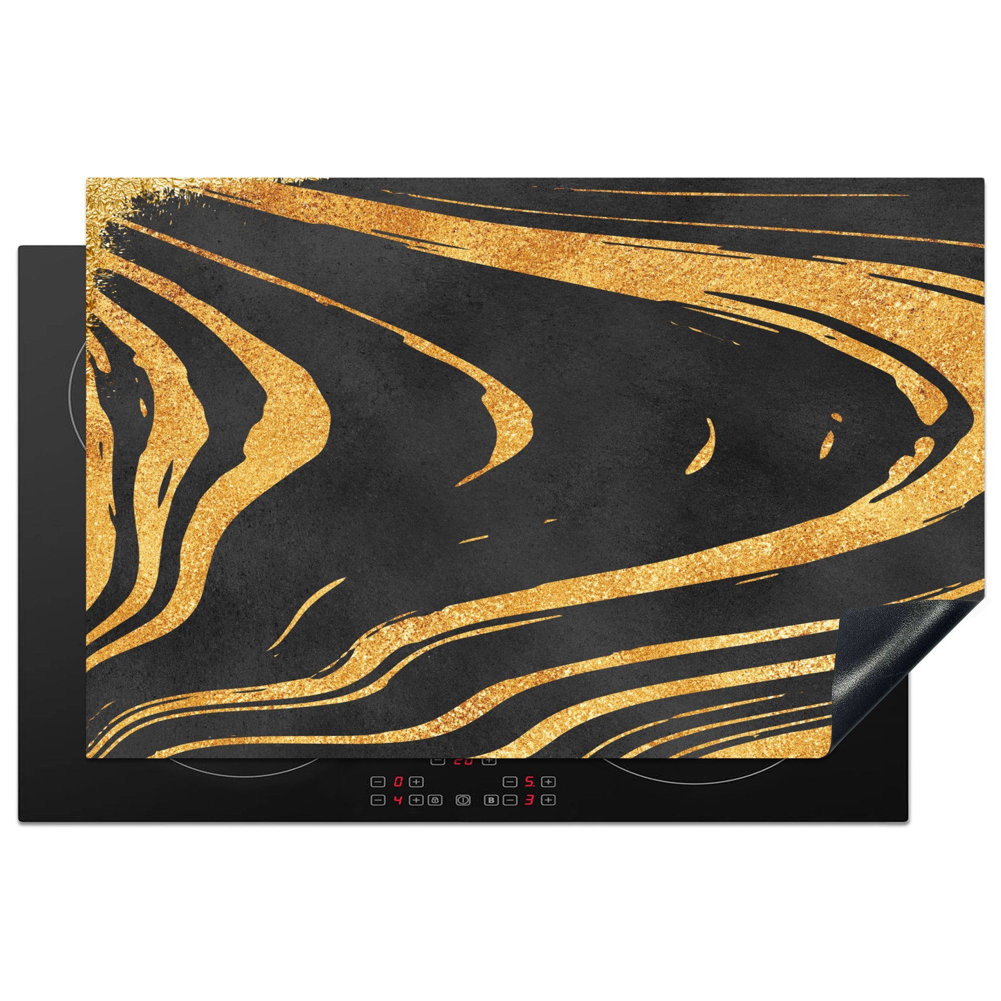 MuchoWow Herdblende-/Abdeckplatte Gold - Schwarz - Abstrakt, Vinyl, (1 tlg), 81x52 cm, Induktionskochfeld Schutz für die küche, Ceranfeldabdeckung