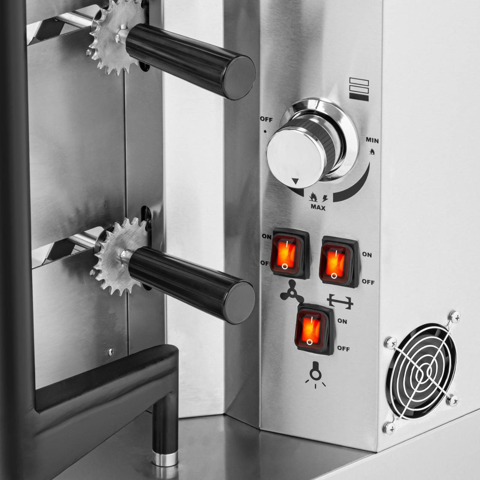 Royal Catering Elektrogrill Mobiler Gas-Hähnchengrill 4 Spieße mit Beleuchtung und Rädern 3 x 5 kW, 110 W, verschiedene Größen