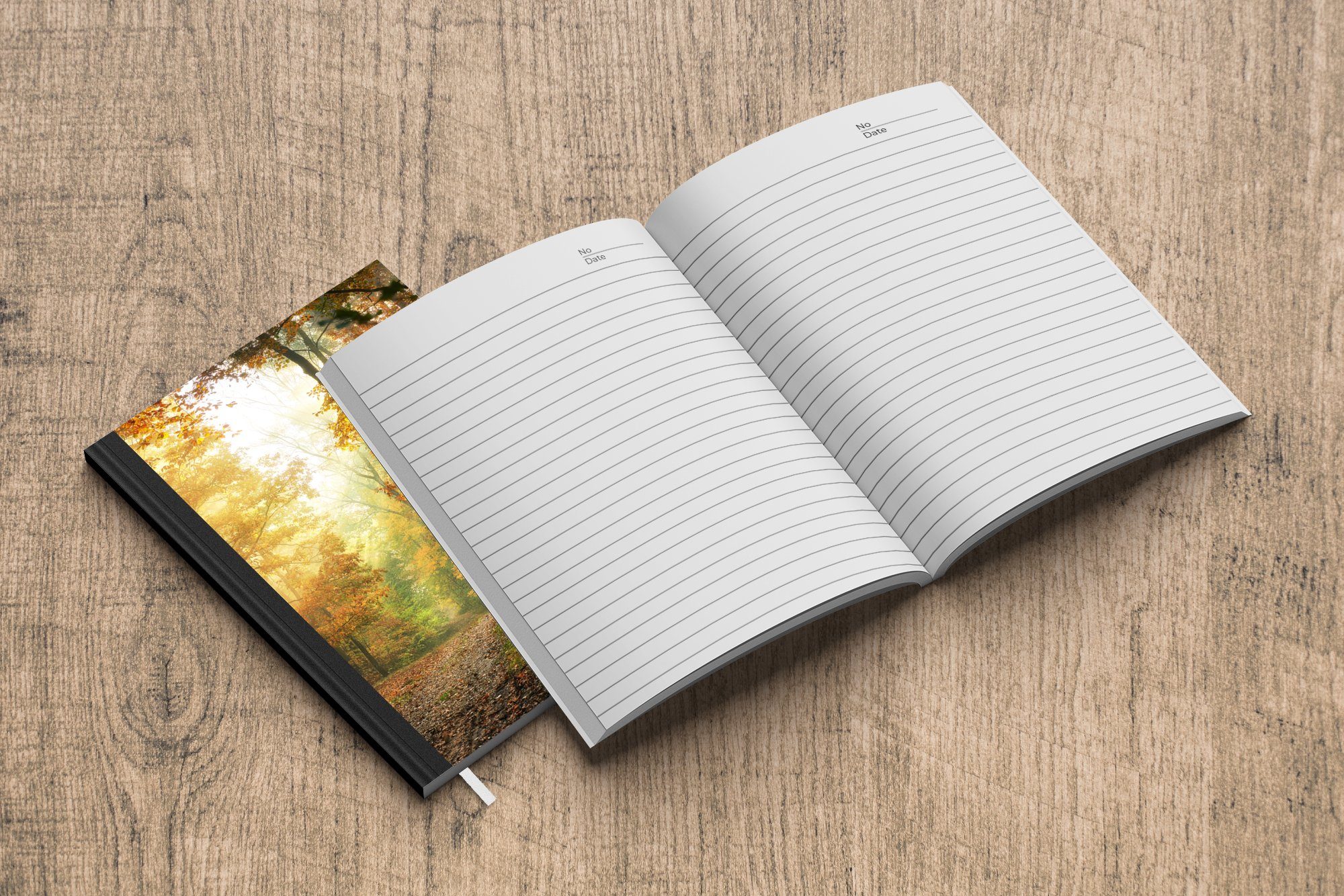 Notizheft, Sonne Wald Notizbuch Haushaltsbuch 98 MuchoWow Bäume Landschaft - A5, Herbst - - Merkzettel, - Natur Tagebuch, - Seiten, - Journal, Laub,