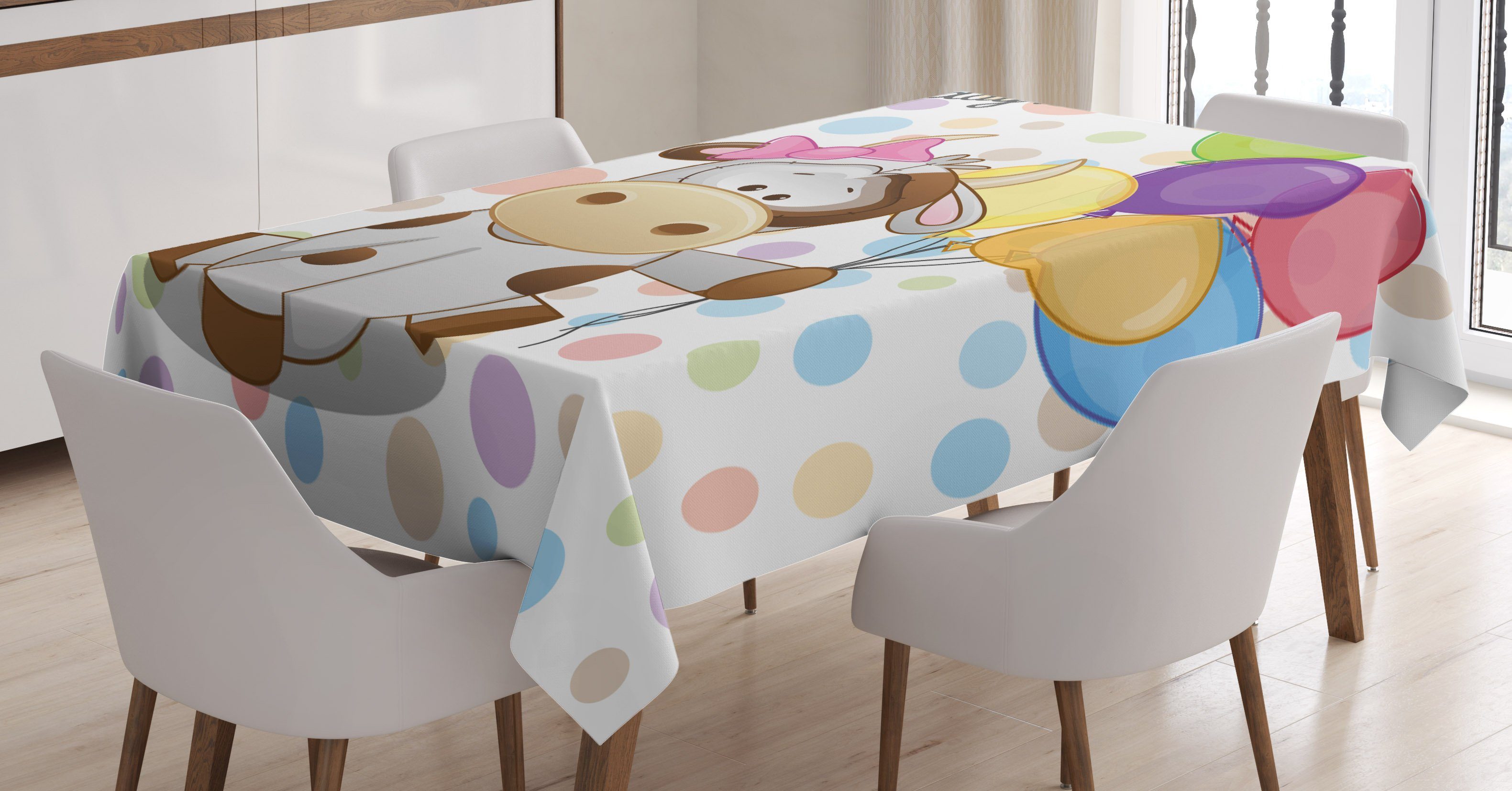 Abakuhaus Tischdecke Farbfest Waschbar Für den Außen Bereich geeignet Klare Farben, Geburtstag Baby-Kuh und Ballone