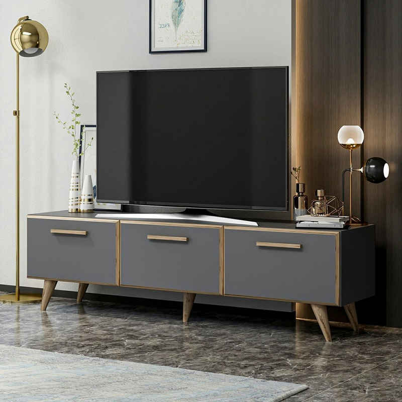 en.casa TV-Schrank »Brønderslev« TV Board 45 x 160 x 37 cm Fernsehtisch mit 3 Schranktüren Lowboard TV Möbel Anthrazit
