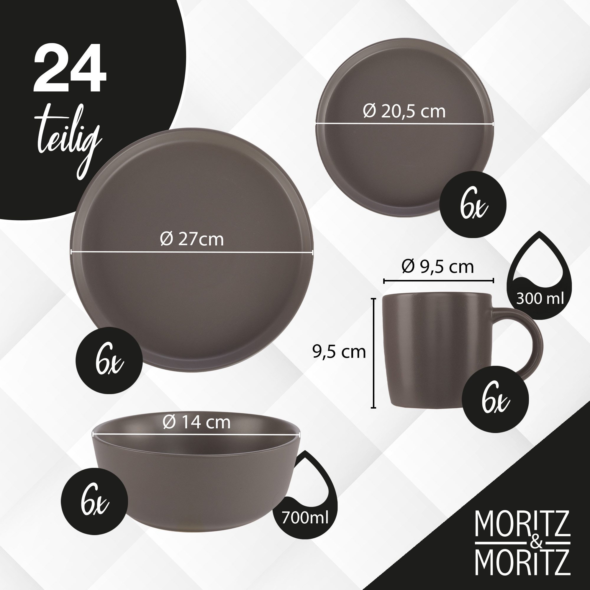 Moritz & Moritz Kombiservice NORDIC 24tlg Geschirrset Grau mit Tassen (24-tlg), 6 Personen, Steinzeug, Spülmaschinengeeignet