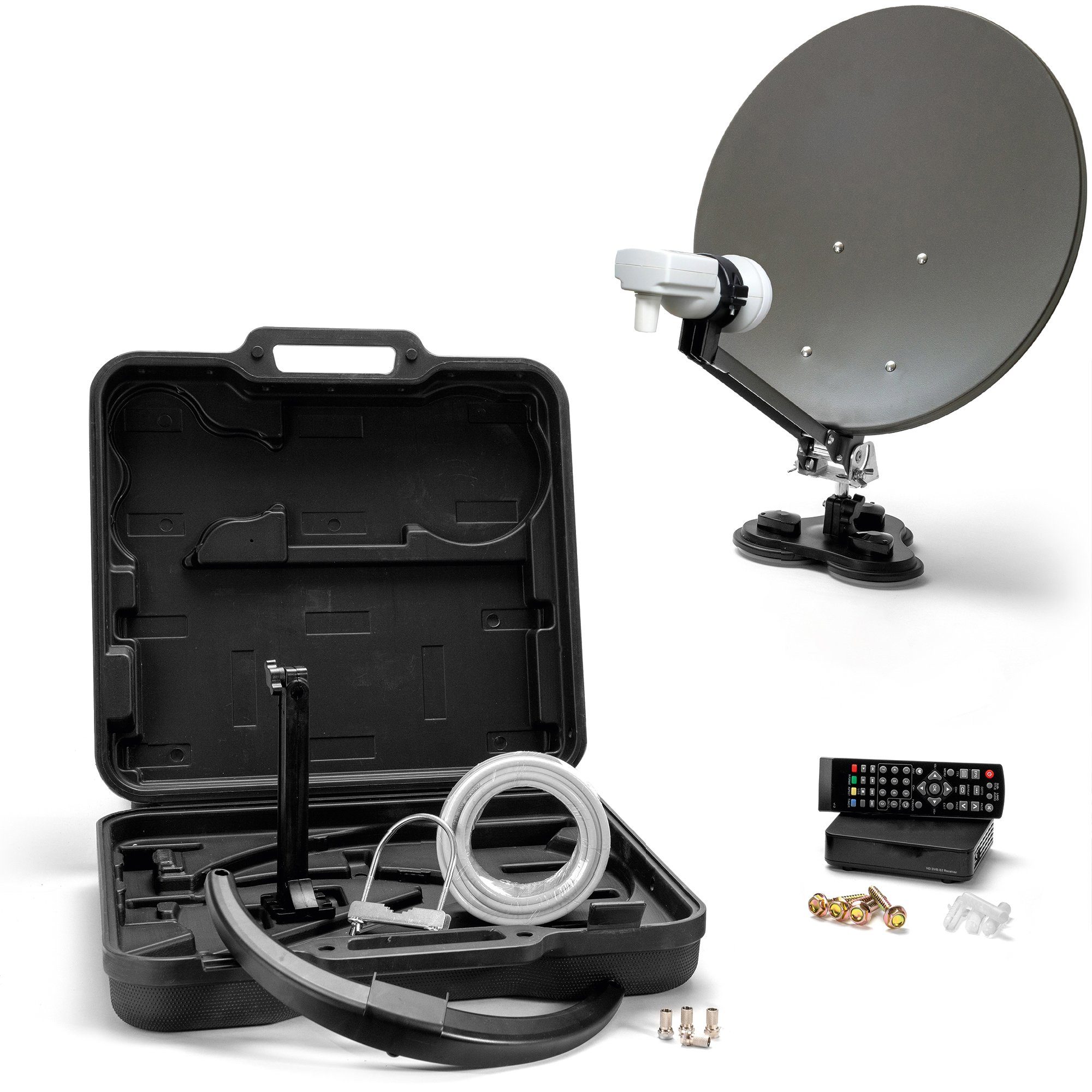 Xoro MCA 38 HD Set 38.5cm Camping SAT Antenne inkl. DVB-S2 Receiver SAT-Antenne (385 cm, Stahl, Camping‑Sat‑Anlage im Koffer mit 38,5‑cm Spiegel und Satfinder)