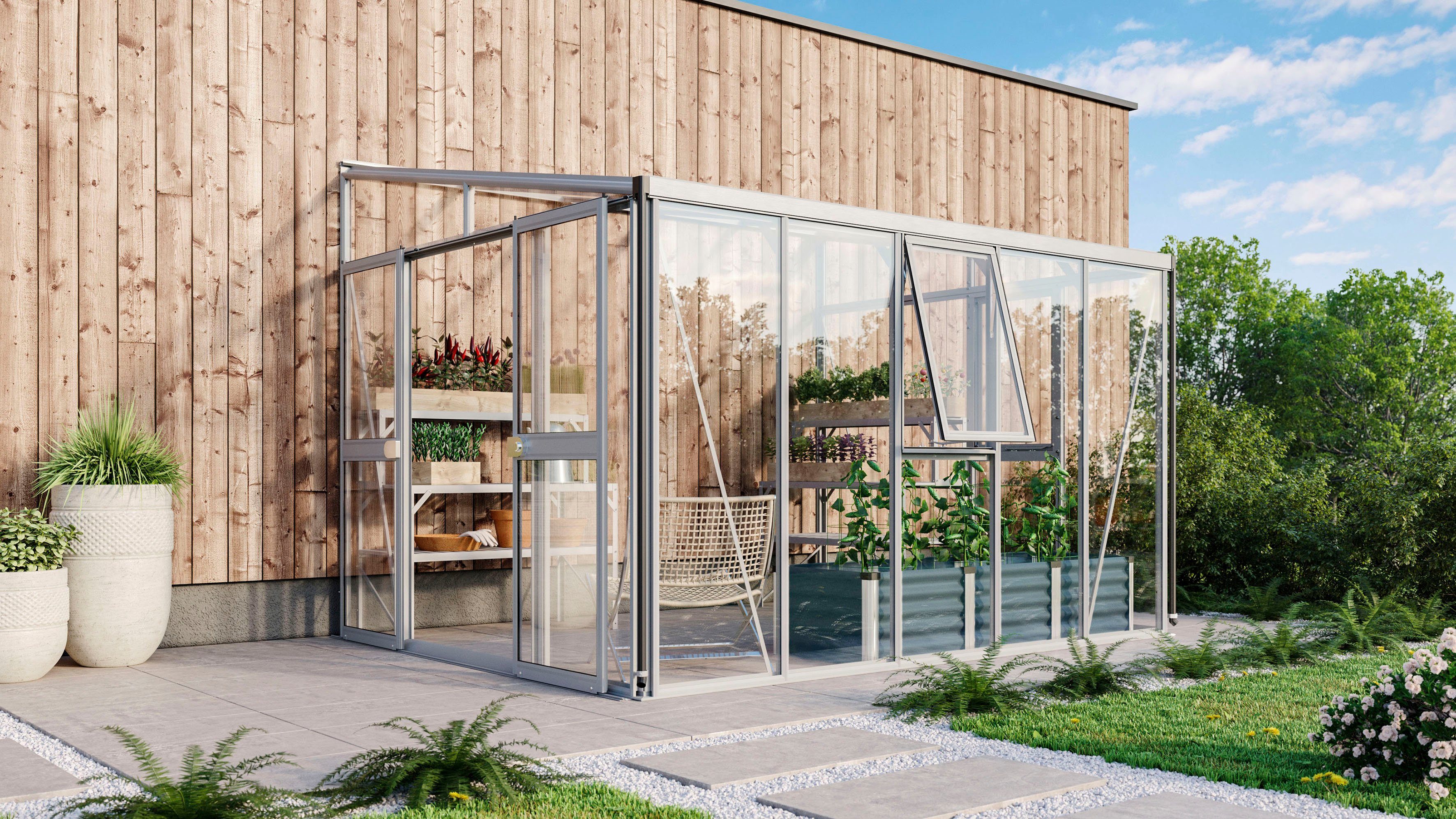 Vitavia Anlehngewächshaus Helena 8600, BxTxH: 334 x 266 x 239 cm, 3 mm Wandstärke, Alu-Profile, 3 mm Sicherheitsglas, Dach 10 mm Hohlkammerplatten