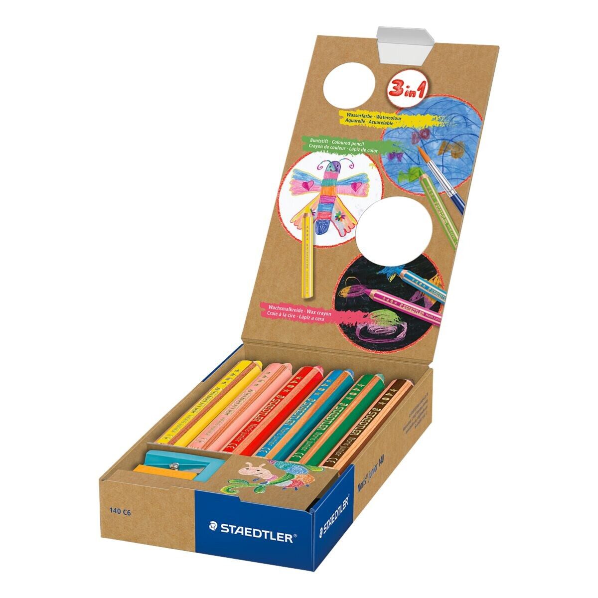 STAEDTLER Buntstift Noris® junior, (6-tlg), 3in1 (Bunt-/ Wachs-/ Aquarellstift)