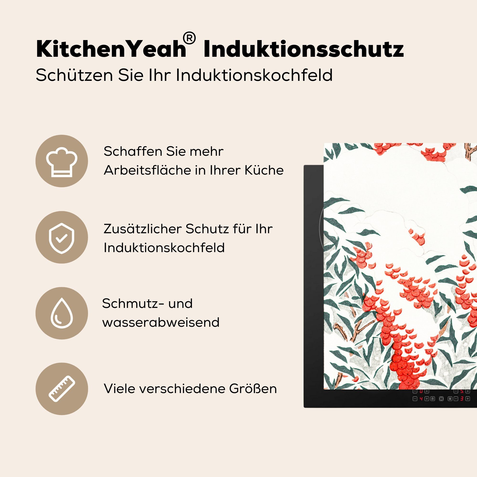 Herdblende-/Abdeckplatte - Induktionskochfeld 81x52 küche, Vogel für - MuchoWow Beere cm, Ceranfeldabdeckung Schutz Japanisch, tlg), Vinyl, (1 die