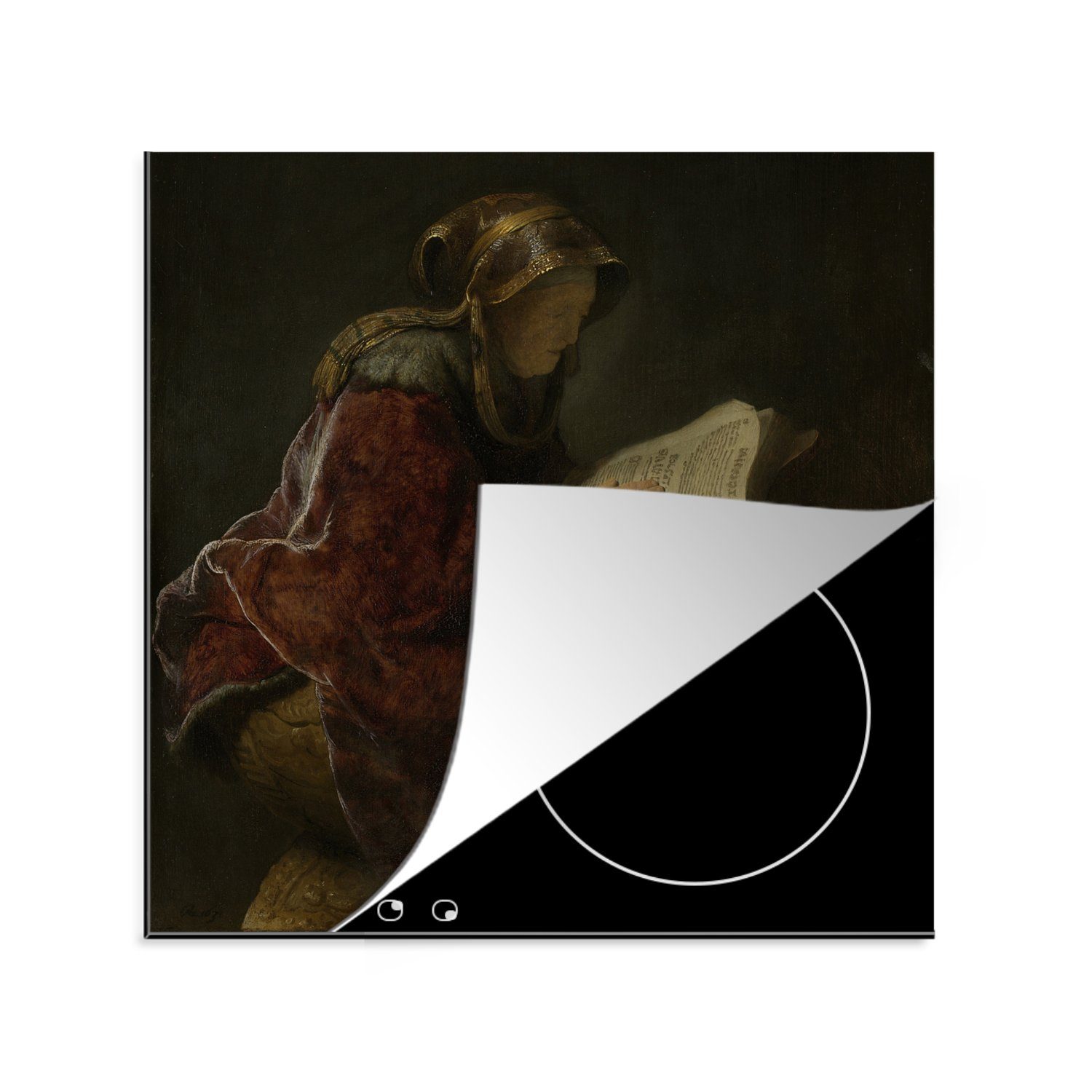 MuchoWow Herdblende-/Abdeckplatte Alte Frau liest Prophetin Hanna - Rembrandt van Rijn, Vinyl, (1 tlg), 78x78 cm, Ceranfeldabdeckung, Arbeitsplatte für küche