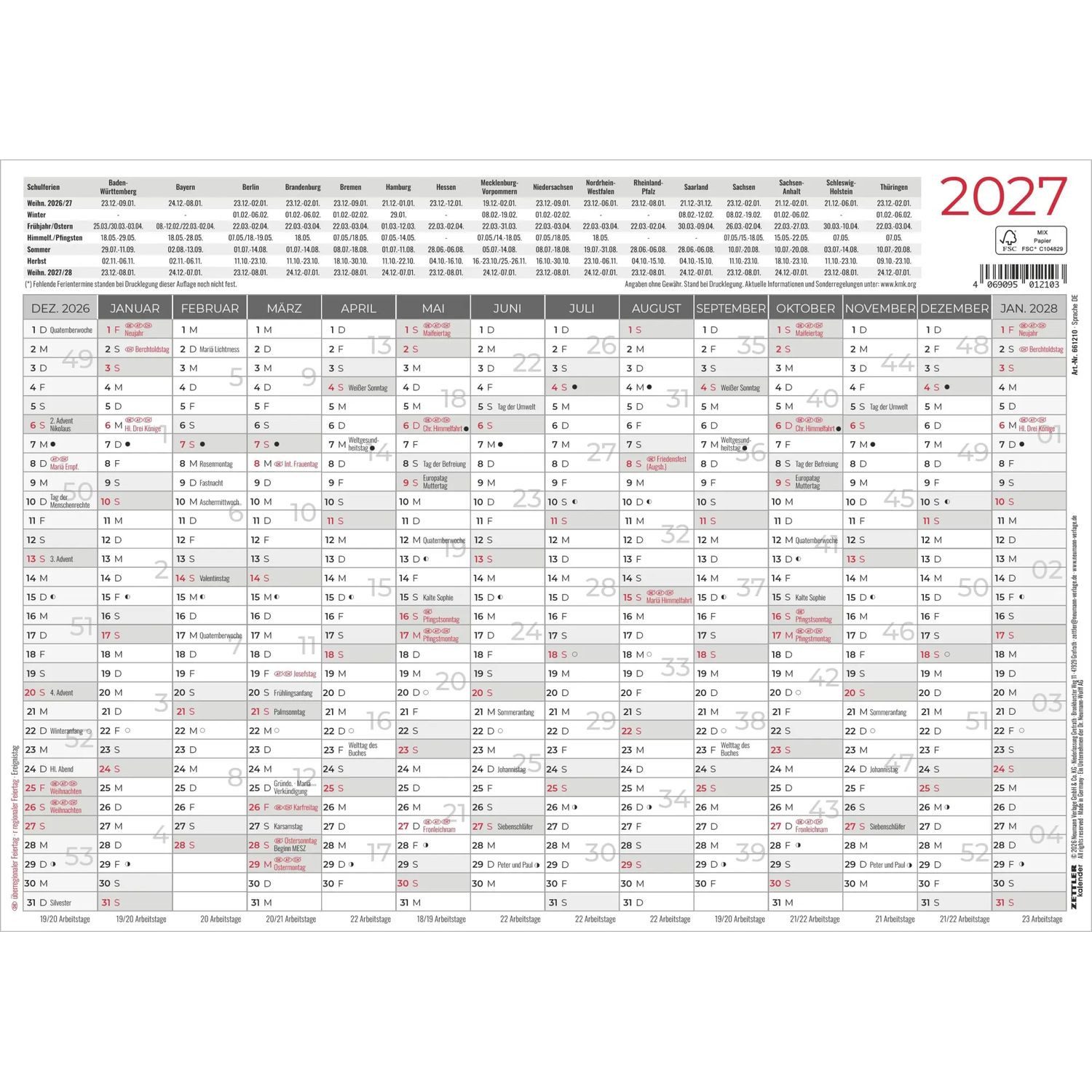 Wandkalender Kleiner Wandplaner 1 Stk. gerollt 2027