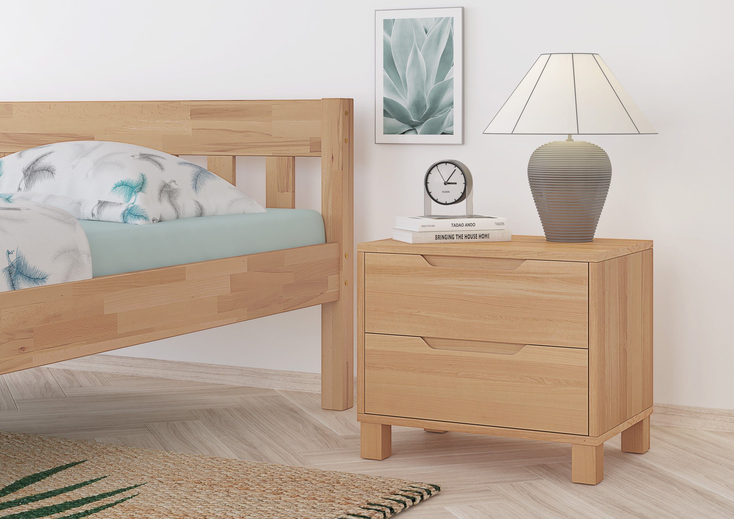 ERST-HOLZ Nachtkommode Nachttisch Buche Kubus-Form Bettkommode Nachtschrank mit Schublade, 90.20-K43 - Nachttisch Buche farblos lackiert- zwei Schubladen