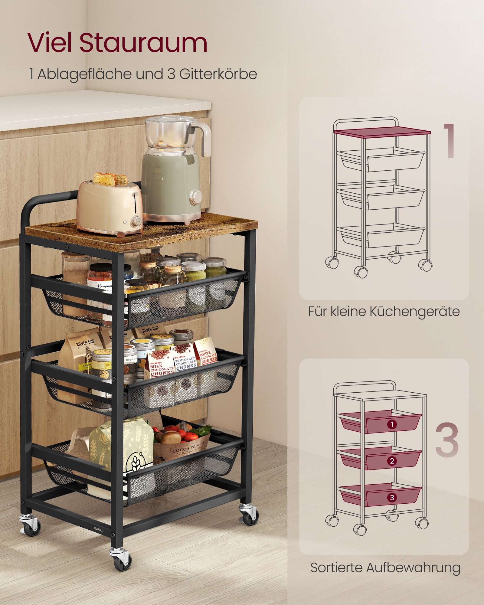 VASAGLE Beistellwagen Servierwagen, Rollwagen mit herausziehbaren Körben, Küchenregal, mit 4 Ebenen, auf Rollen, Griff, 31,7 x 40 x 76 cm