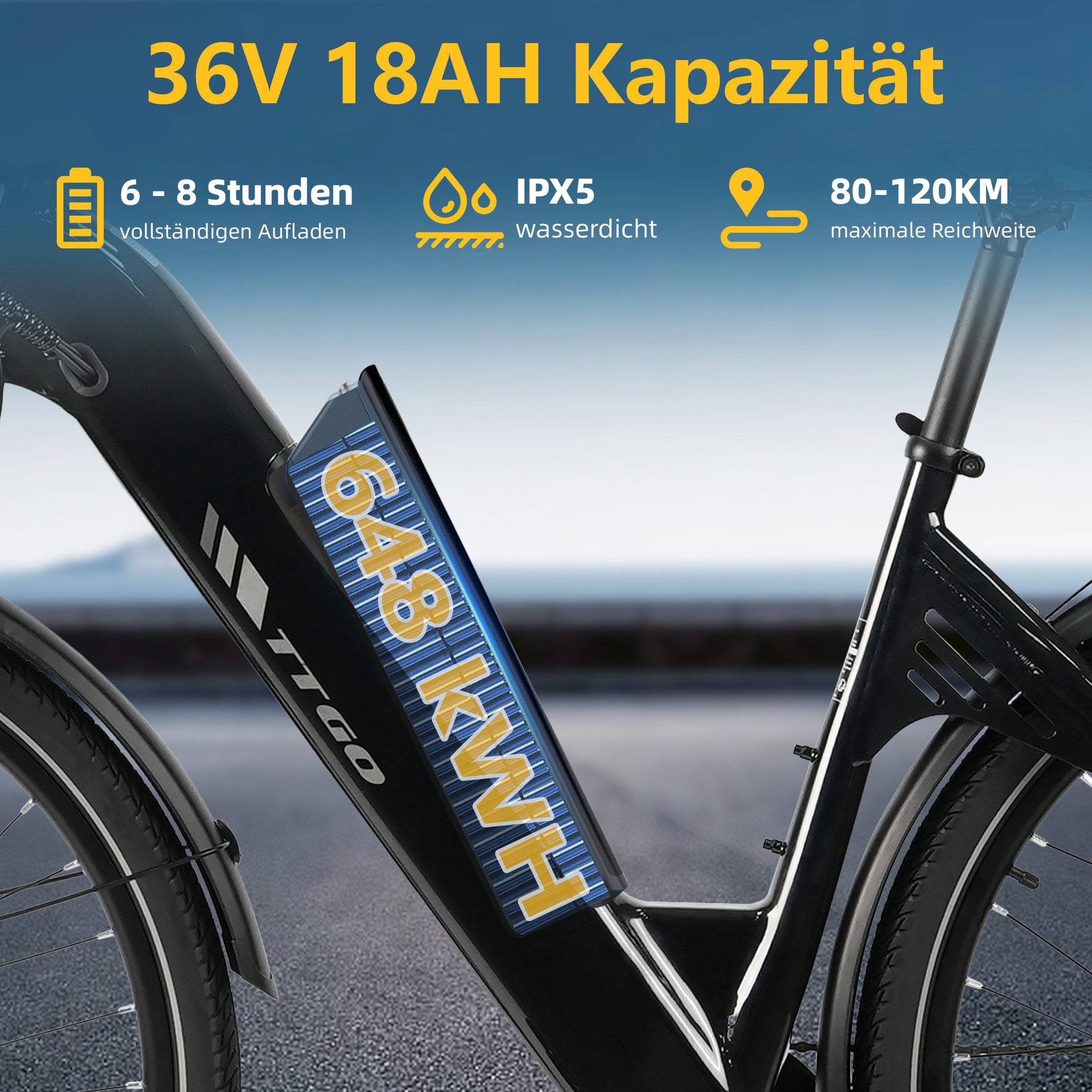TTGO E-Bike Cityrad 28 Zoll, 120km, Elektrofahrrad für Damen und Herren, Tiefeinsteiger, 7 Gang SHIMANO, Kettenschaltung, Heckmotor, 650 Wh, (für ca. 160–195 cm), 5 Stufen, Leicht nur 26kg, Pedelec bis zu 125kg, Aluminiumrahmen
