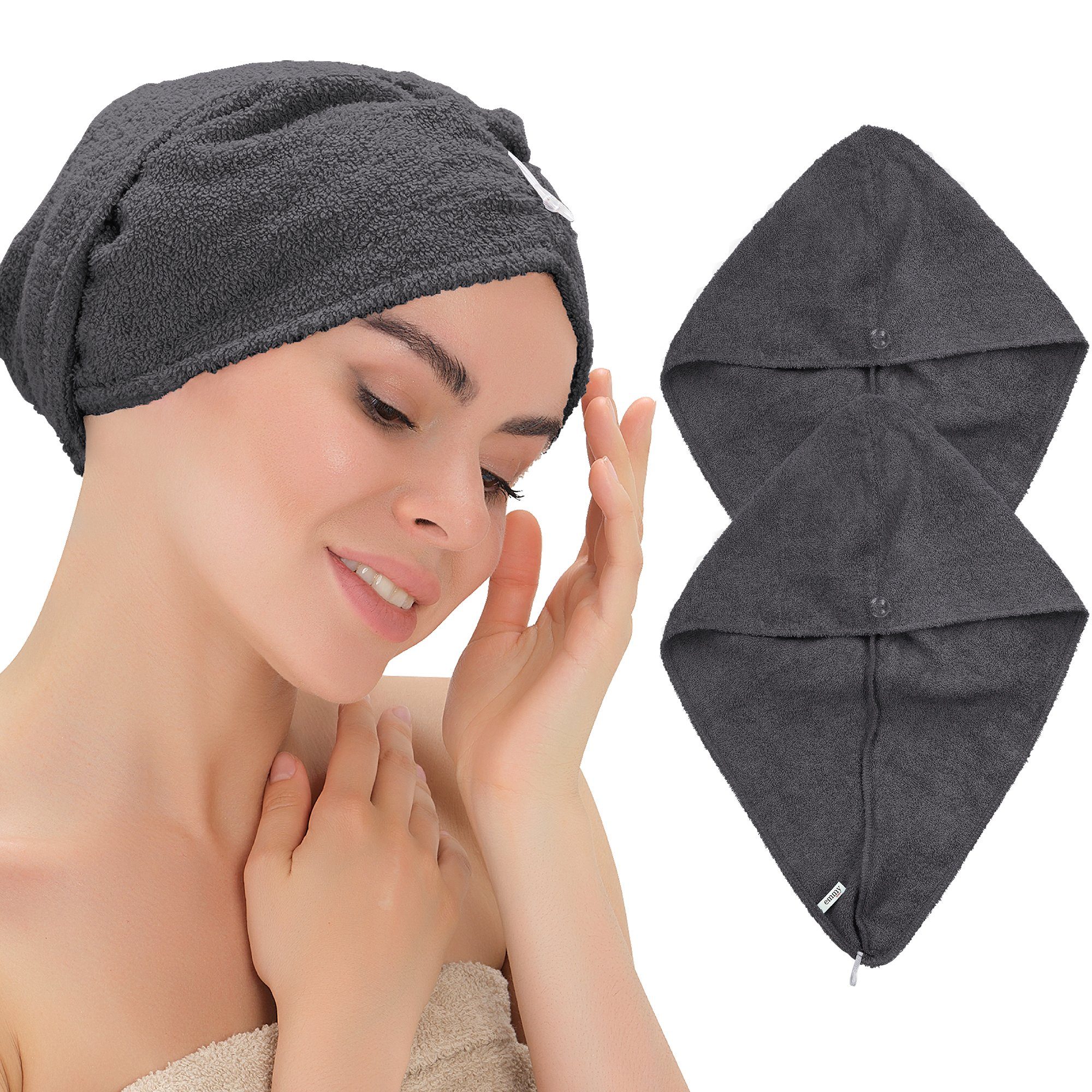 Emmy Home Turban-Handtuch Haarturban, 100% Baumwolle (2-St), mit knopf Anthrazit