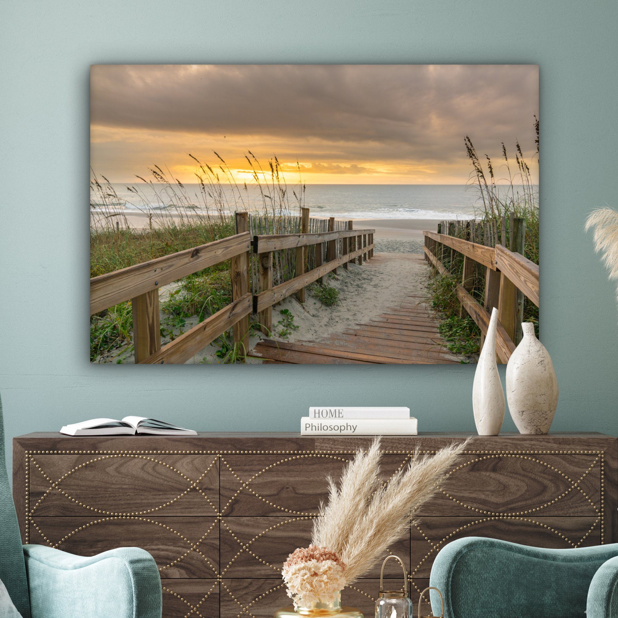 Düne großes, - - Leinwandbild OneMillionCanvasses® St), Weg, (1 Wandbild Wohnbereiche, cm Meer für Strand alle XXL, 120x80 Gemälde, -