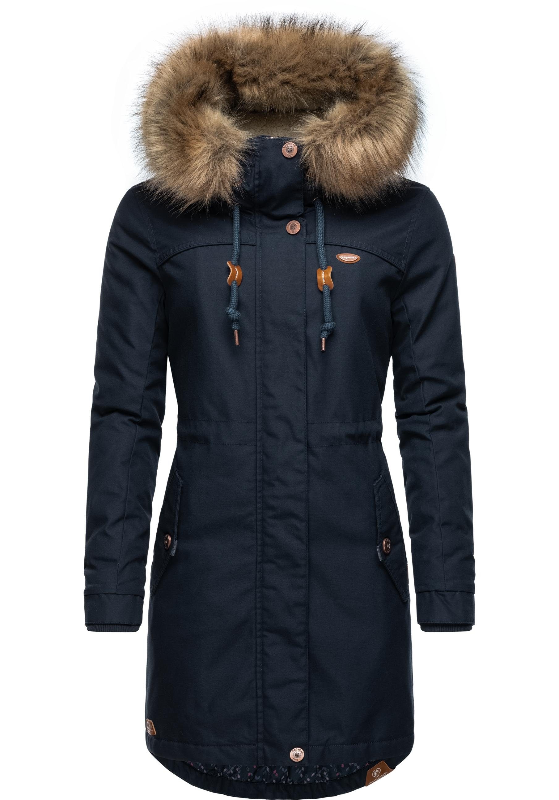 Ragwear Winterjacke Kapuze stylischer Kunstfellkragen hellmarine mit und Tawny großer Winterparka