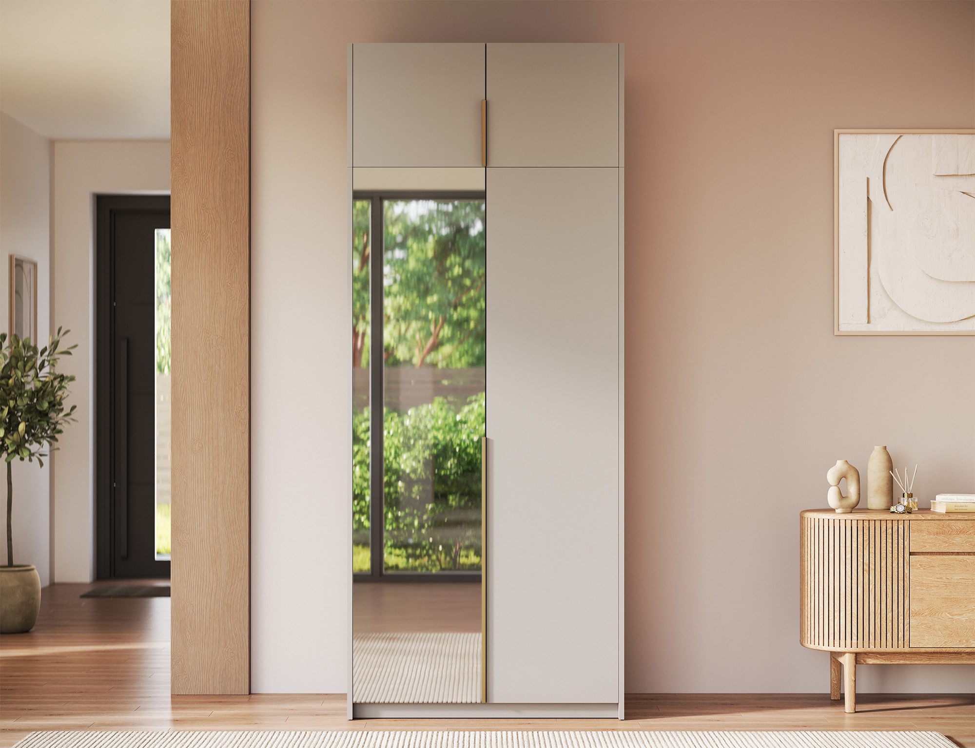 MOEBLO Drehtürenschrank Lunaro II (moderner Kleiderschrank 2-türig Schrank Garderobe Schlafzimmer, 100 cm, mit Spiegel Drehtüren Weiß Kaschmir Artisan Gold Griffe optional mit Aufsatz) (BxHxT): 100 x 204 x 58 cm