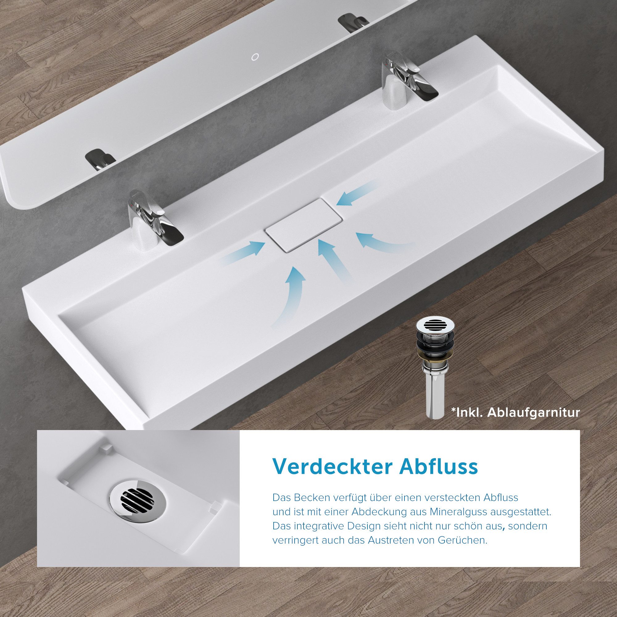 doporro Waschbecken Aufsatzwaschbecken mit Ablaufgarnitur Waschtisch Mineralguss Col19, mit Hahnlöcher, Integrierte Gefälle, Mineralguss aus einem Stück – Bild 4 von 5