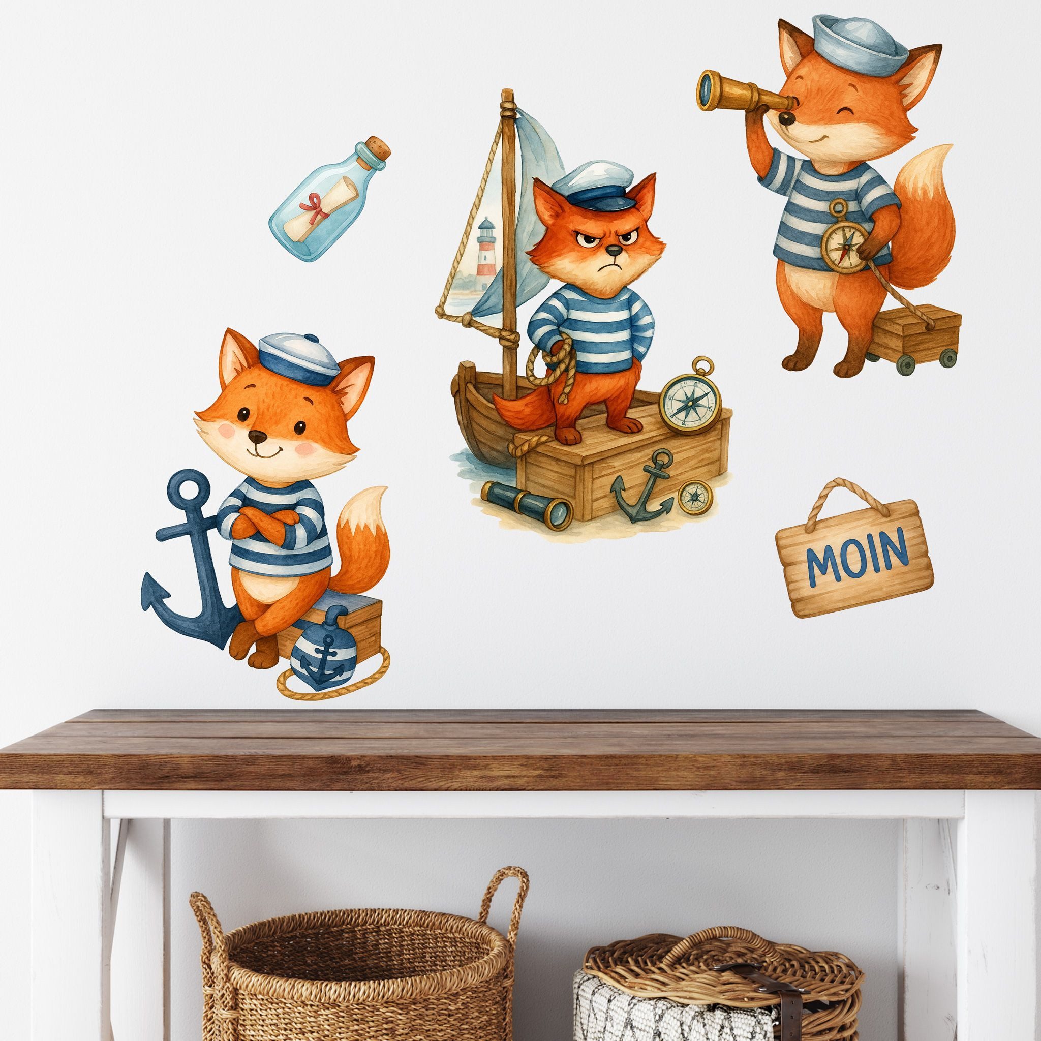 Sunnywall Wandtattoo Aufkleber Maritim Fuchs - maritime Wanddeko für Kinderzimmer, selbstklebend, konturgeschnitten, rückstandslos entfernbar