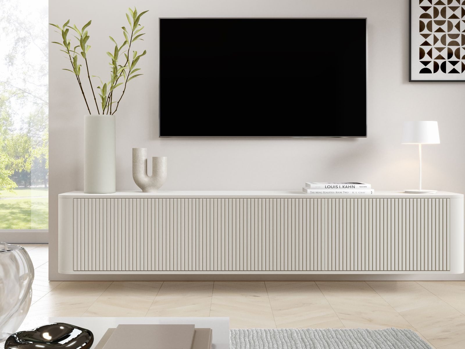 Compleo TV-Schrank 220 cm breit, Hängend oder auf Füßen, TV-Tisch japandi Nussbaum oder Kaschmir