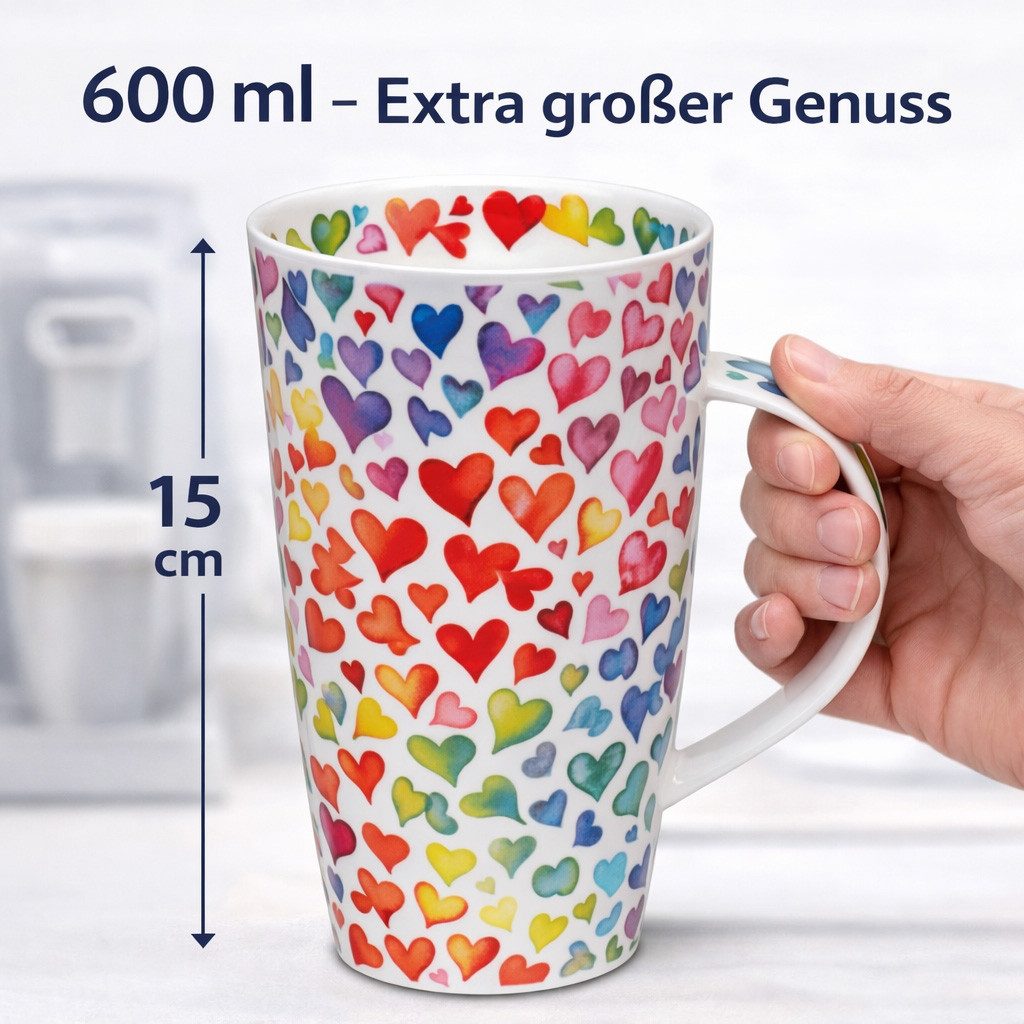 Dunoon Tasse Becher Henley Hot Spots 600 ml Bone China Kaffeetasse 15 cm Teetasse, 1-tlg., Porzellan, Spülmaschinengeeignet