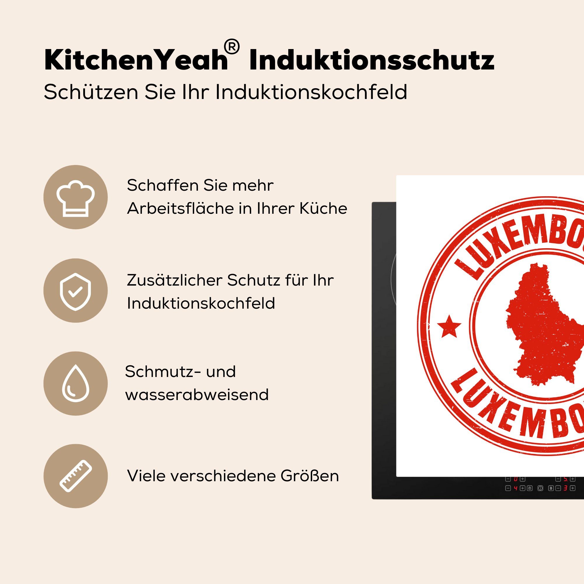 MuchoWow Ceranfeldabdeckung, Luxemburg, roten cm, von einer 78x78 küche (1 Vinyl, tlg), Illustration für Arbeitsplatte Herdblende-/Abdeckplatte Briefmarke