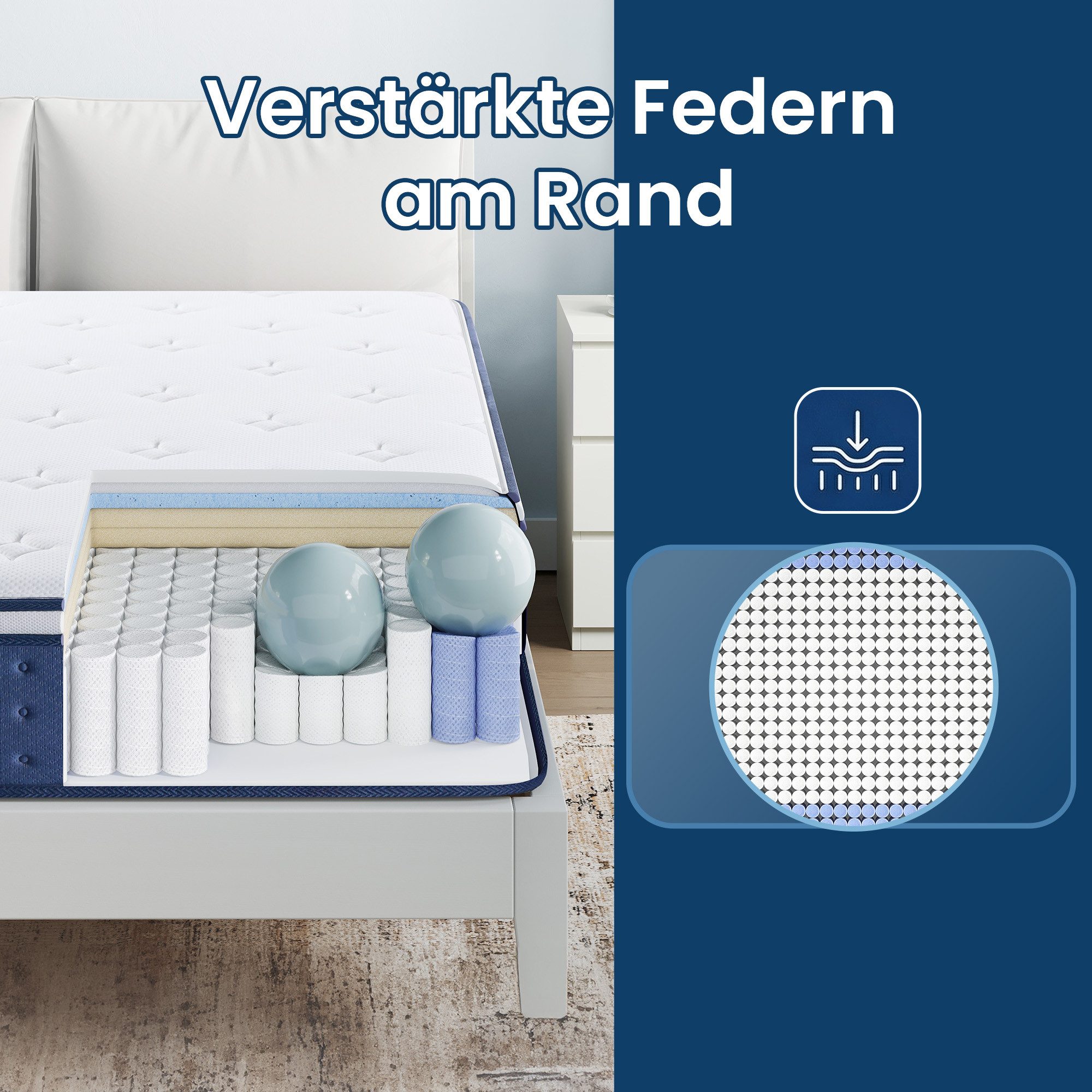 Taschenfederkernmatratze 7-Zonen-Unterstützung atmungsaktiver Bezug, VASAGLE, 20 cm hoch, Bewegungsisolierung, atmungsaktiver Bezug, Kühlend, H3 – Bild 5 von 5