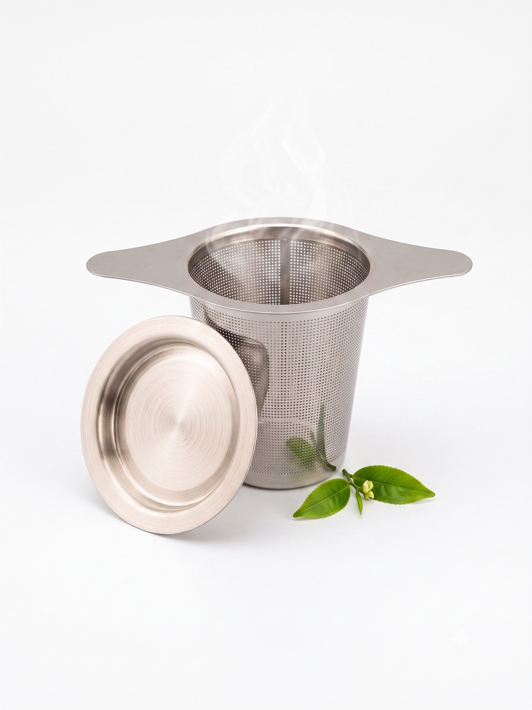 Green Coffein Teesieb Edelstahl-Teesieb mit Deckel, Teefilter für Tassen & Kannen, (Teebereiter-Zubehör / Teesieb-Set, 2-teiliges Set bestehend aus Teefilter und passgenauem Deckel), Feines Universal-Edelstahl-Teesieb mit praktischem Kombi-Deckel