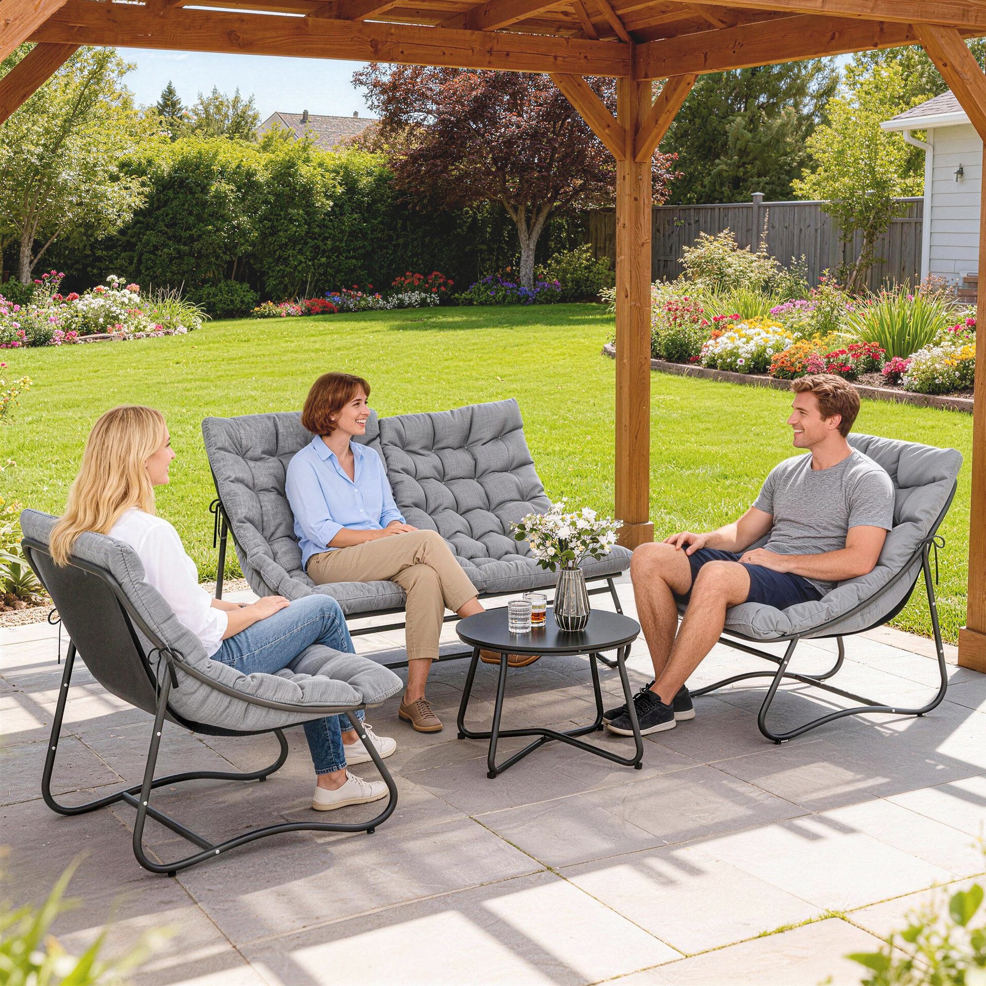 Outsunny Sitzgruppe 4 Personen mit 2er Sofa, Sessel, Beistelltisch, Sitzkissen, (Stahl Gartenmöbel Set 4, 4-tlg., wetterfest Balkonmöbel-Set), für Garten, Terrasse, Balkon, Grau