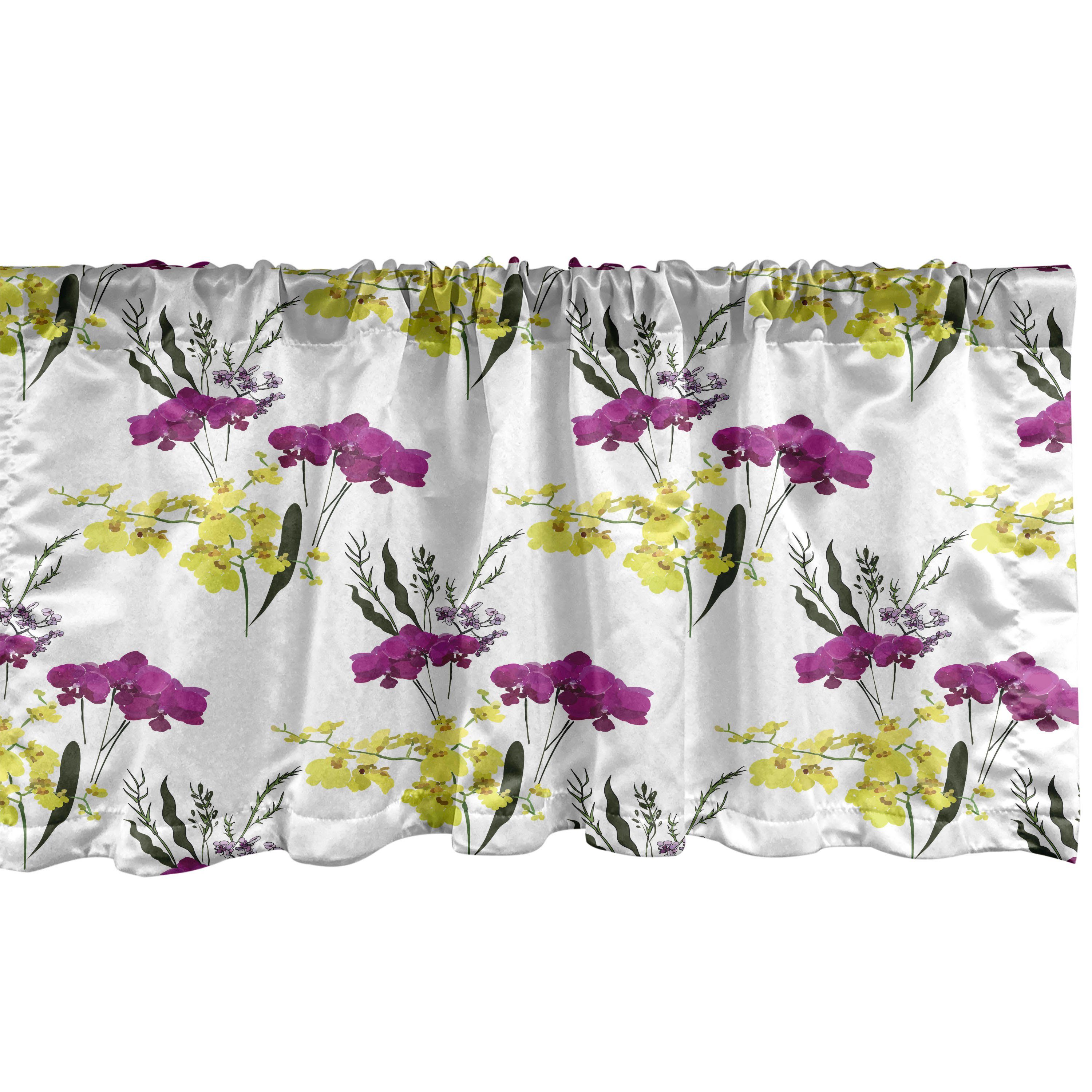 Scheibengardine Vorhang Volant für Küche Schlafzimmer Dekor mit Stangentasche, Abakuhaus, Microfaser, Blumen Gelb und lila Orchideen
