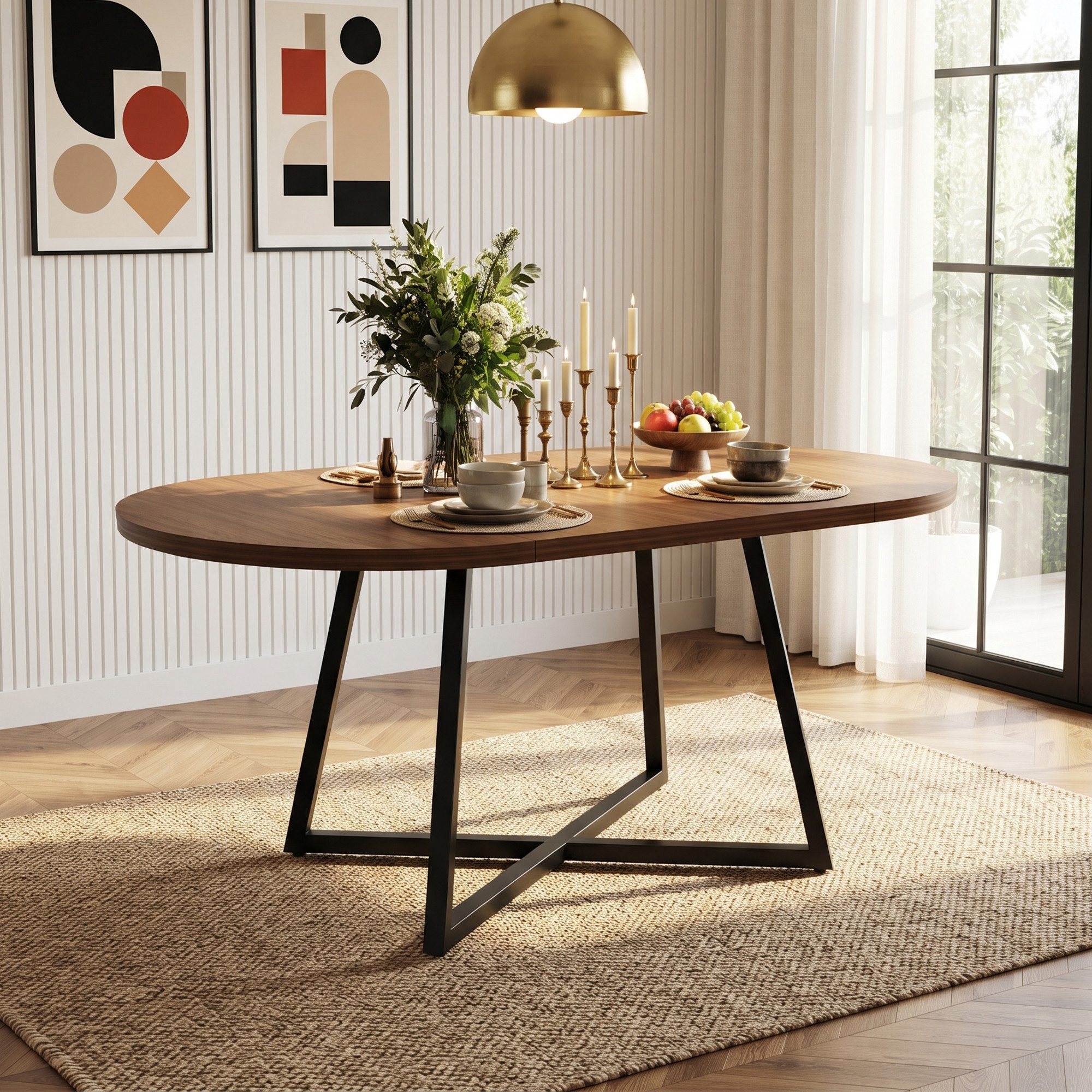 Flieks Esstisch ausziehbarer Küchentisch rund/oval (Länge 100-140x100x75 cm, Höhe Tischplatte 3cm, 1-St., 1 Tisch), erweiterbarer Schreibtisch Holzoptik Walnussholzfarbe, Metallgestell