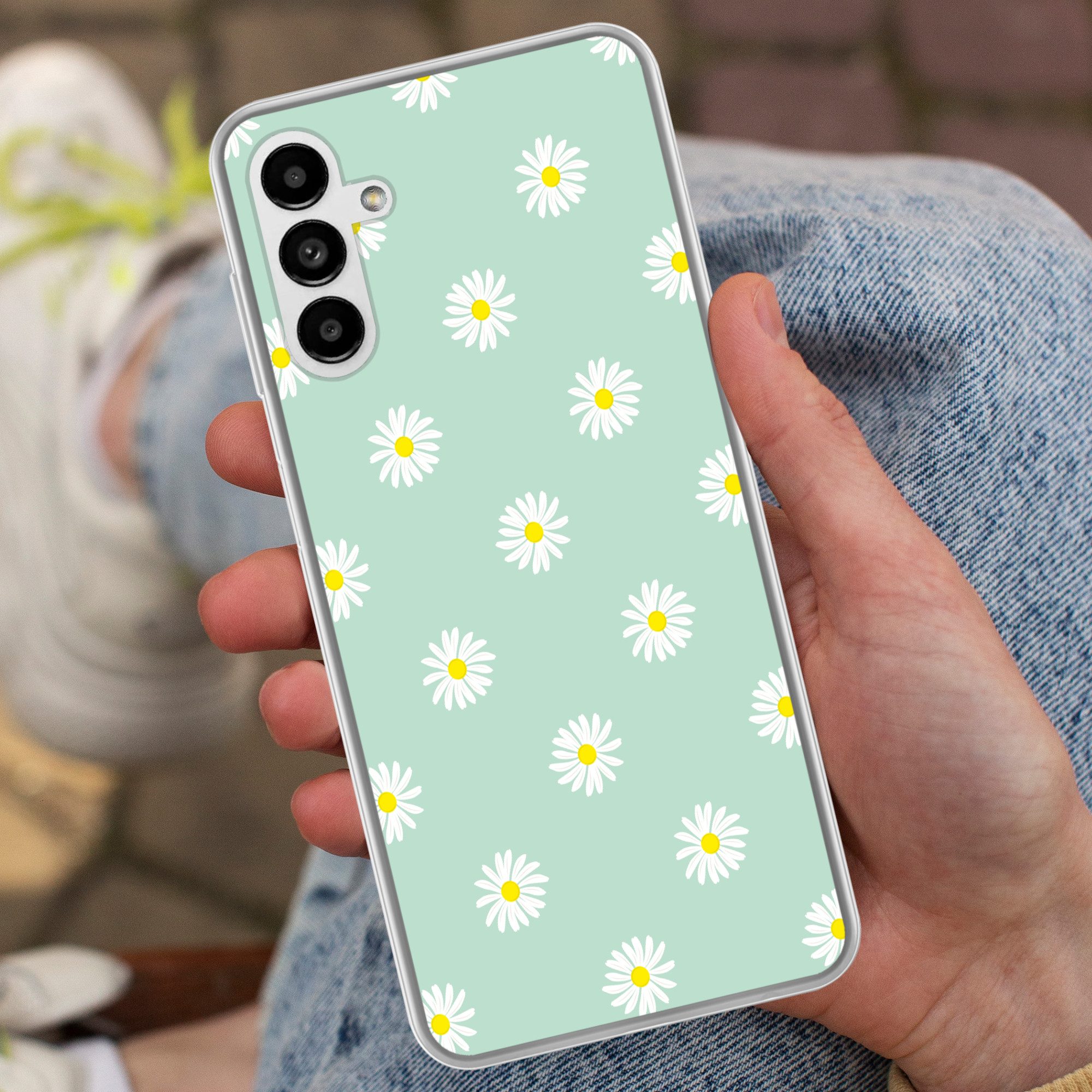 MuchoWow Handyhülle für Samsung Galaxy A04s Gänseblümchen - Pastell - Weiß - Grün - Floral, Handy Case, Silikon, Bumper Case Dünn