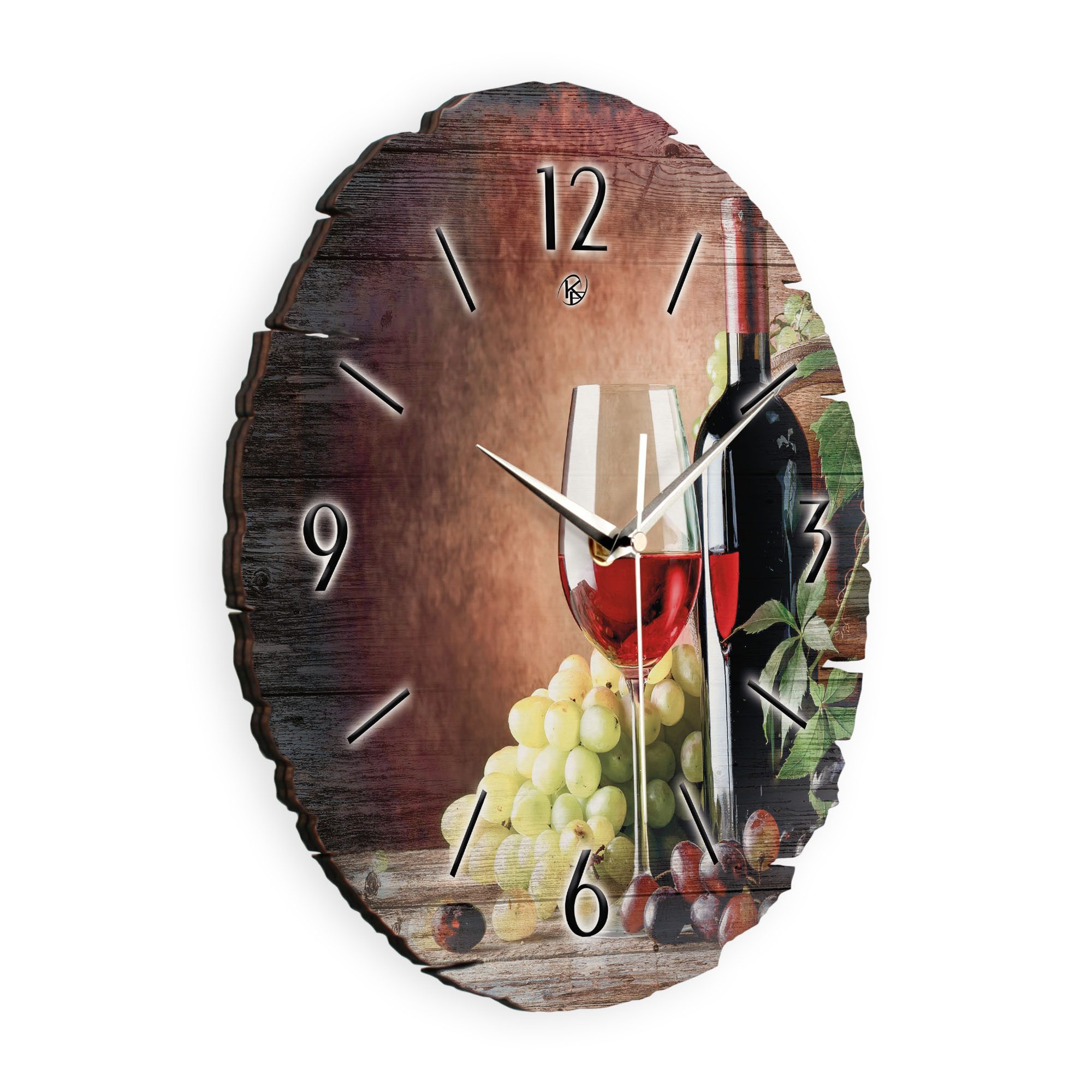 Kreative Feder Wanduhr Wanduhr "Wein & Trauben" aus Naturholz (ohne Ticken; Funk- oder Quarzuhrwerk; ⌀ 30cm; außergewöhnlich)
