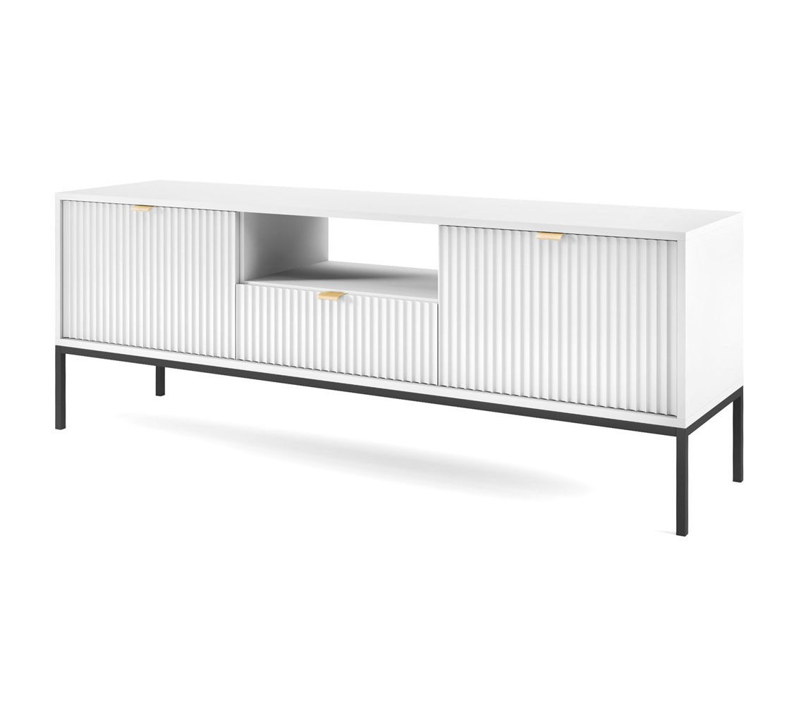 Feldmann-Wohnen Lowboard Nova (2 Türen, 1 Schublade, 1 offenes Fach, 1 St., Riffel-Optik Front, goldfarbene Metallgriffe, ABS-Kanten), 154x39x56cm weiß