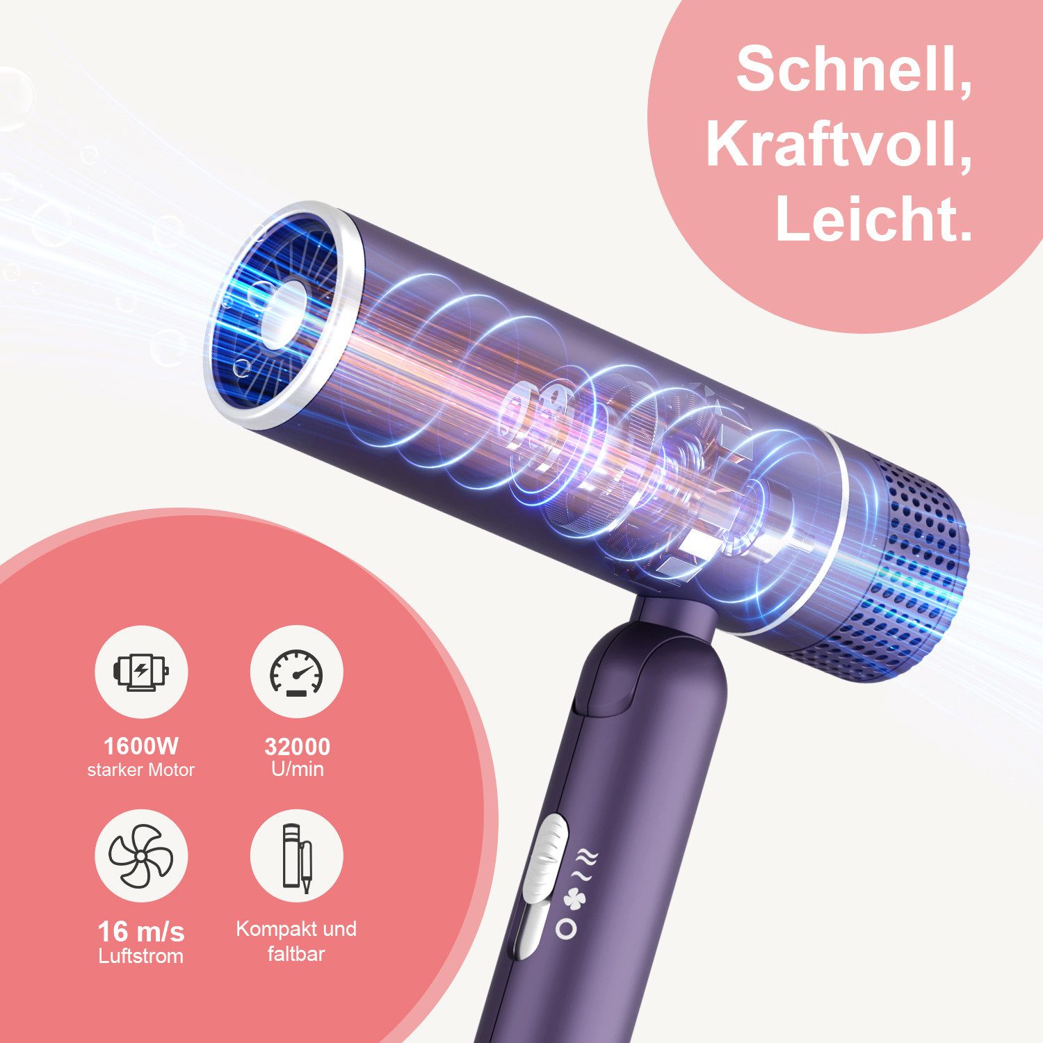 MCURO Ionic-Haartrockner Kompakter Ionen Föhn mit Tasche, 1600 W, Konzentrator Düse & Diffusor-Option, Haartrockner leicht & kompakt, für Reise, Fitness oder Büro