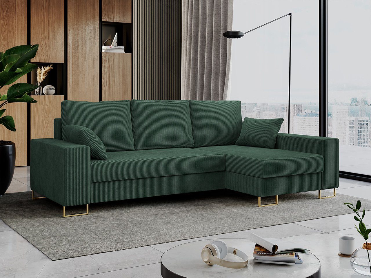 MKS MÖBEL Ecksofa DORIAN, L-Form Couch mit Schlaffunktion, Modern Stil, lose Kissen Dunkelgrün Lincoln