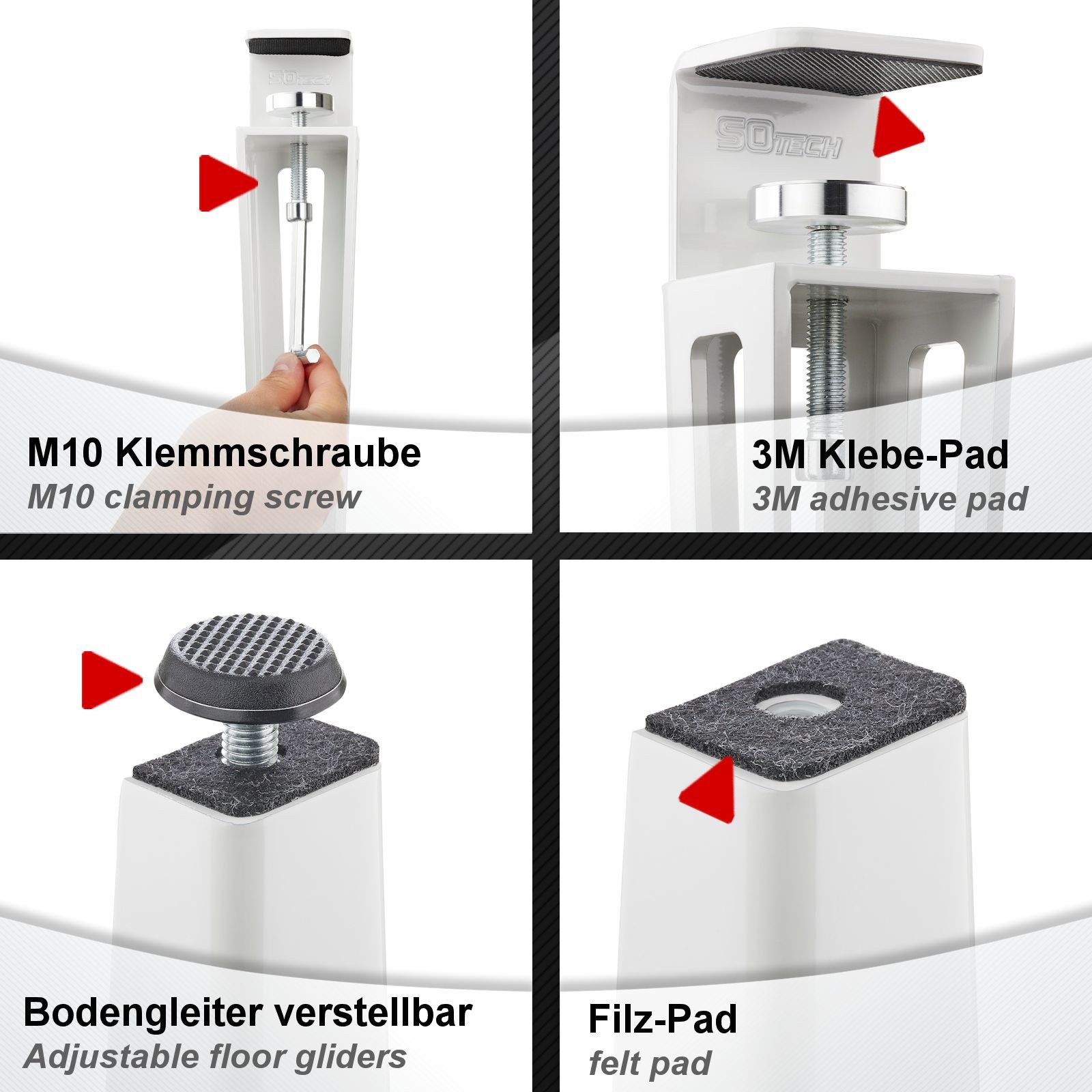 SO-TECH® Tischbein ColorLine in F-Form konisch zulaufend von 70 auf 40 mm, mit Klemmschraube (ohne Bohren) - weiß - Höhe 464 mm - 1x