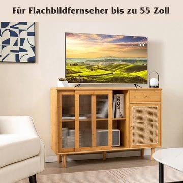 COSTWAY Küchenbuffet mit Glas Schiebetür, Rattantür & Schublade 120x35x83cm