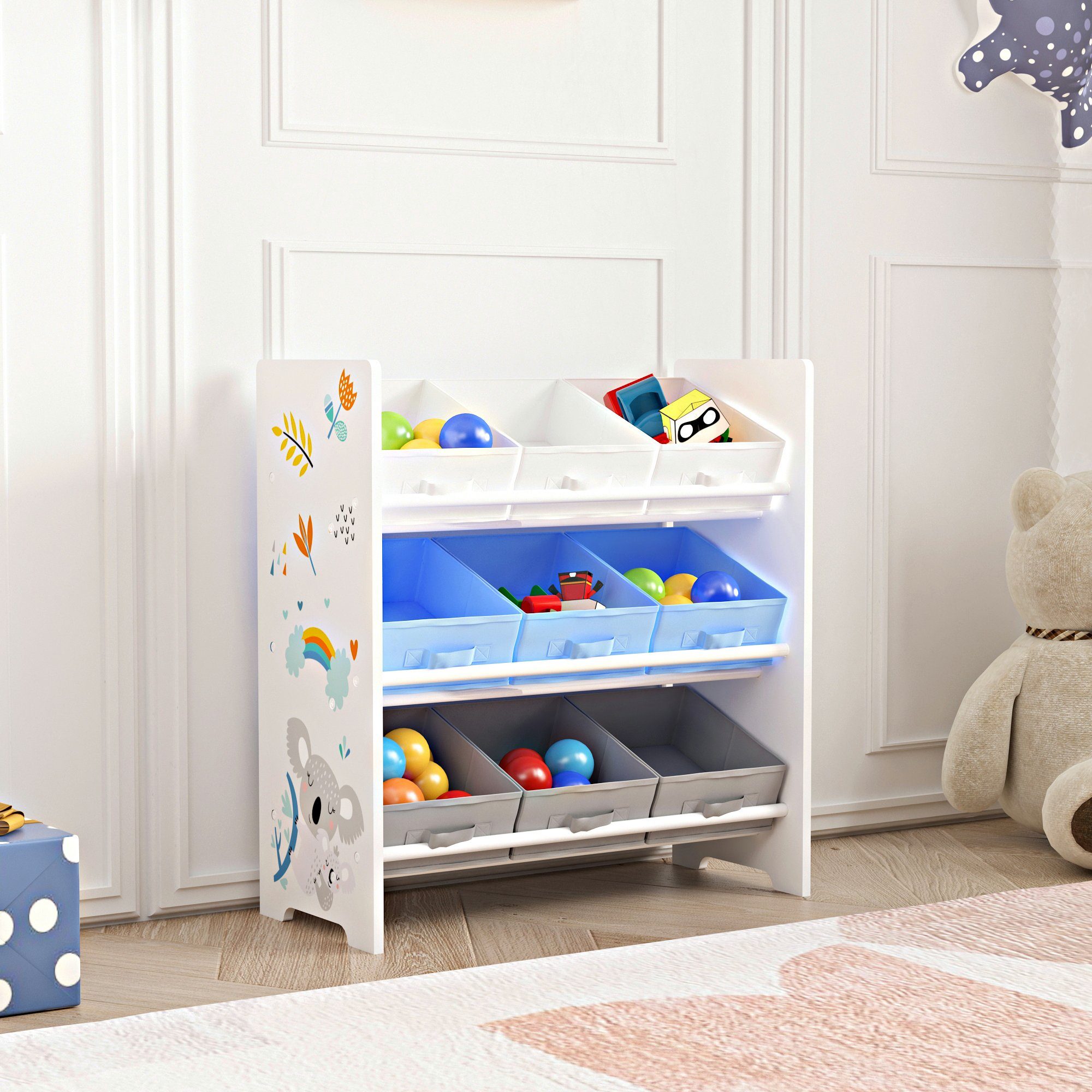 en.casa Kinderregal, »Boiro« Spielzeugregal mit 9 Boxen Koala-Motiv Blau / Grau