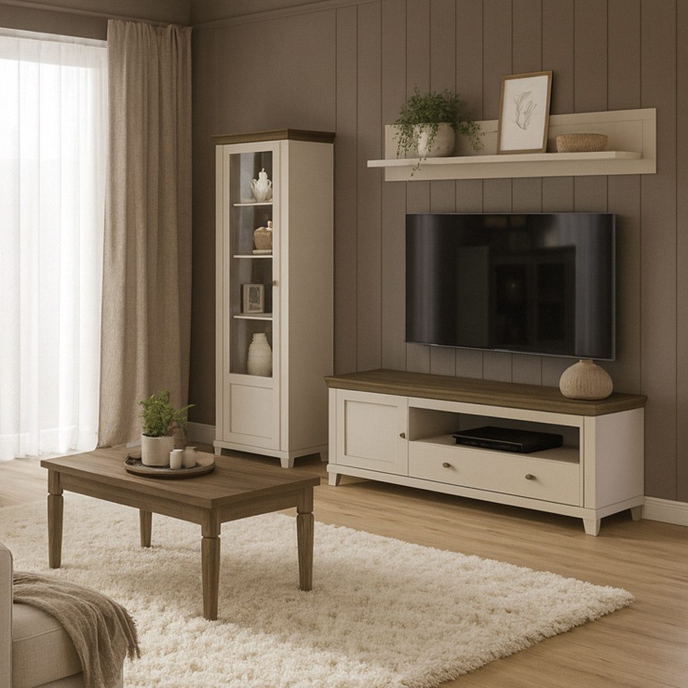 Lomadox Wohnwand EPSOM-83, (4-St., Vitrine Wandregal Lowboard Couchtisch), Beige mit Eiche, Landhausstil