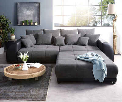 DELIFE Big-Sofa Violetta, Schwarz 310x135 cm inklusive Hocker und Kissen Big-Sofa